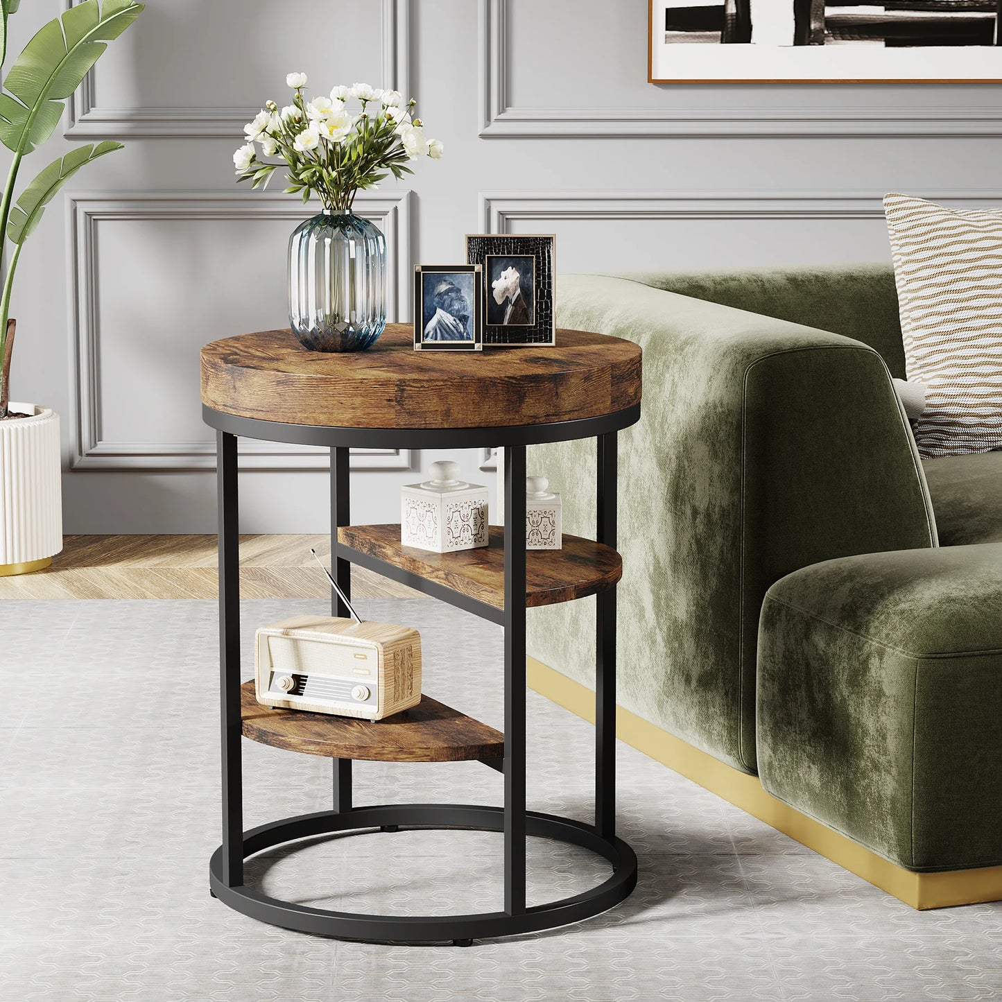 Table d'appoint Pauline — bois, style industriel, rangement intégré, ronde