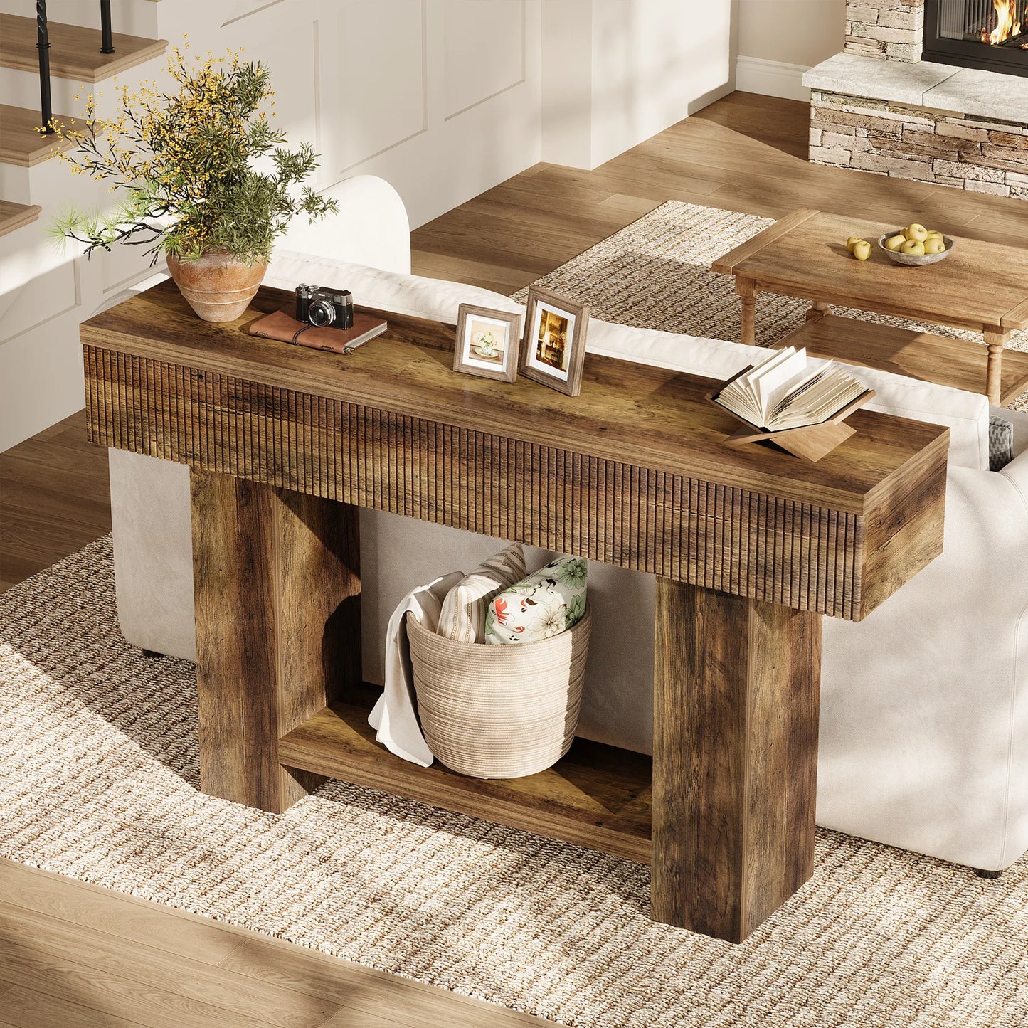 Console Ophélie — bois, style rustique, rangement intégré, 2 niveaux