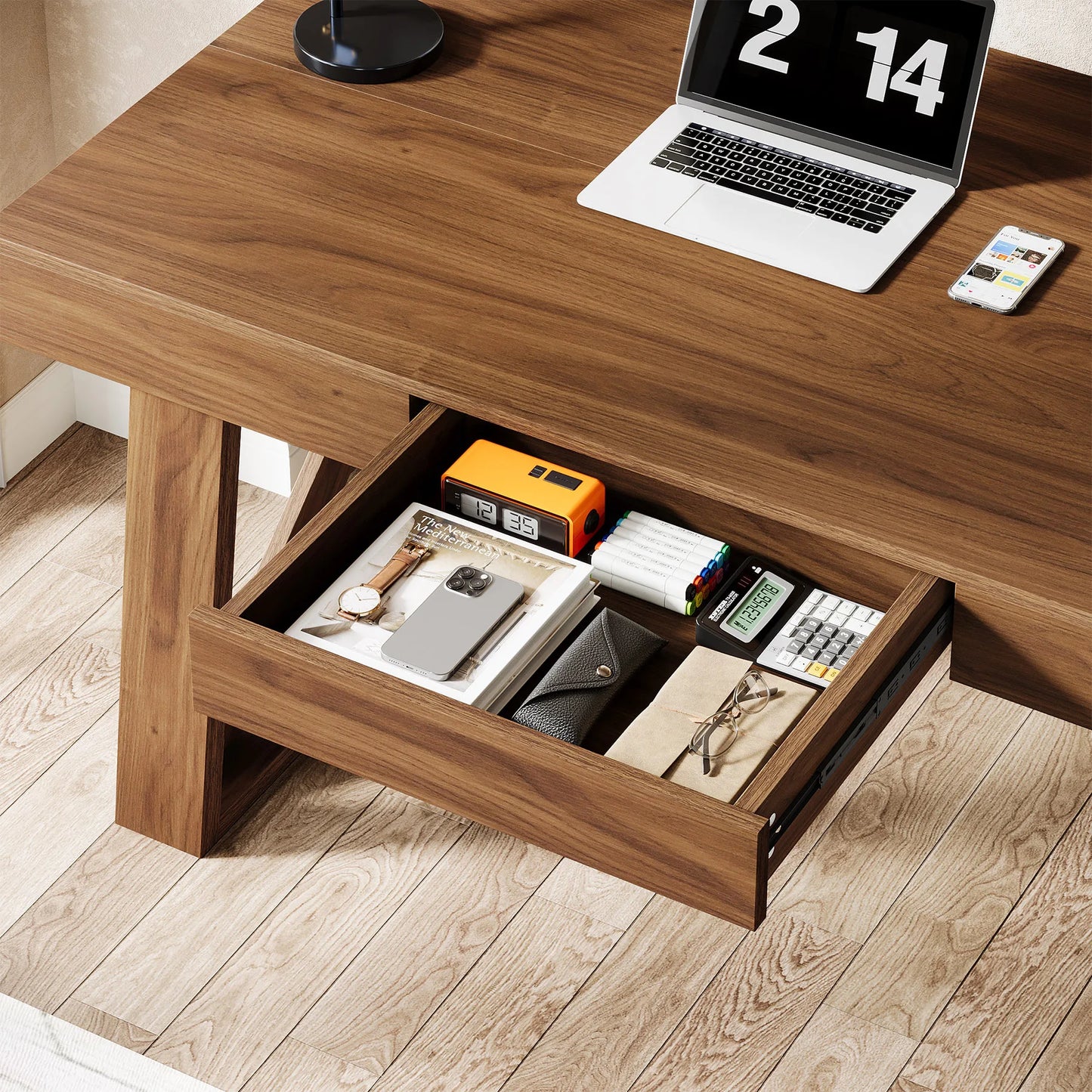 Bureau Martial — finition noyer, style rustique, rangement intégré, avec tiroirs