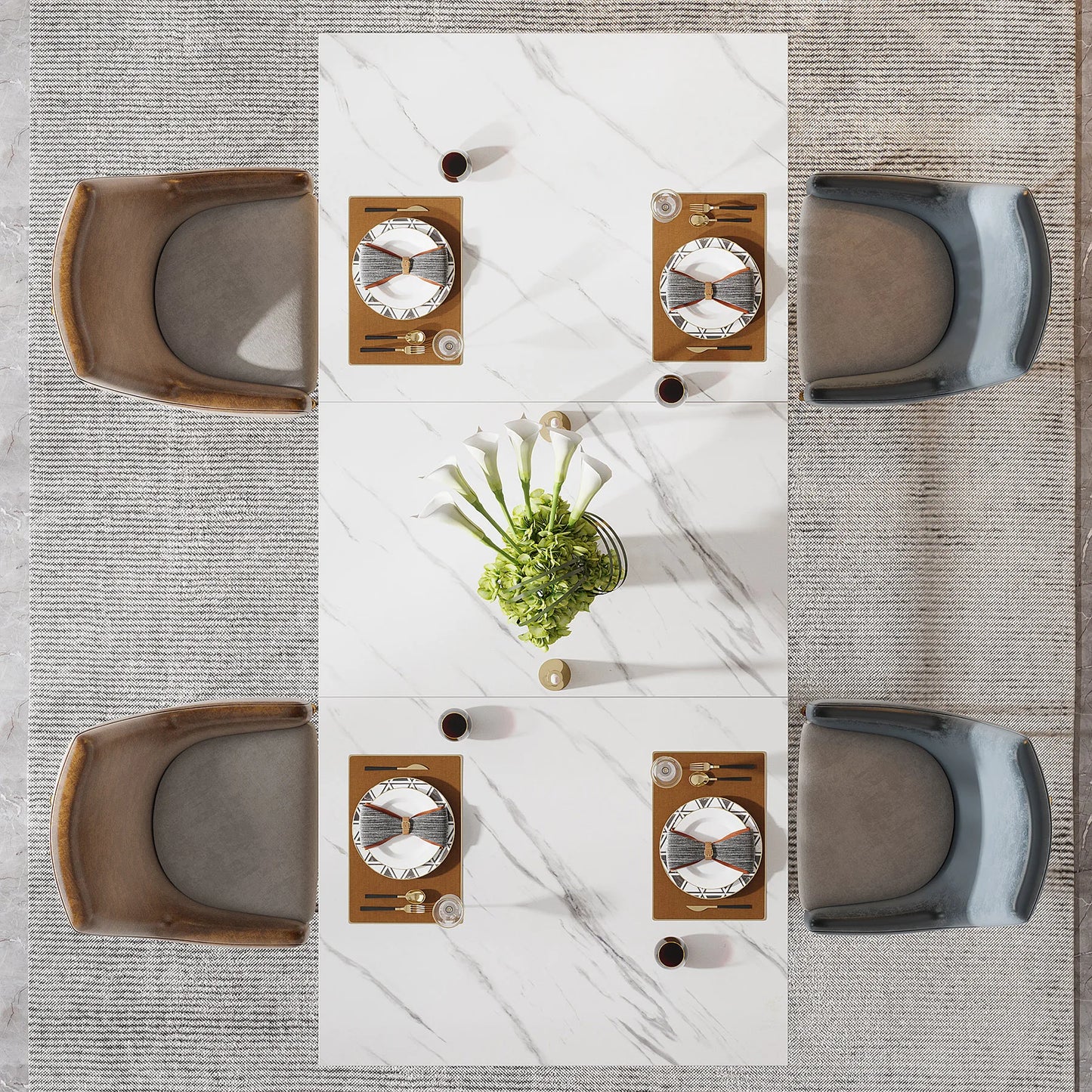 Table de salle à manger Louise — finition blanche, marbre, design contemporain, rectangulaire