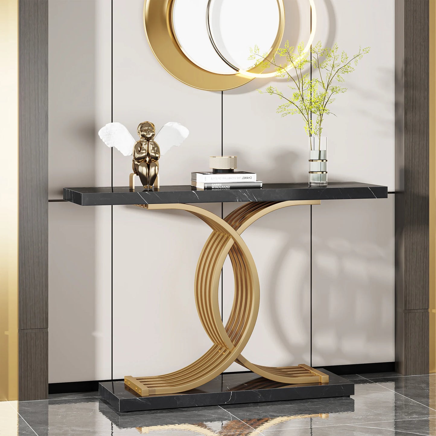 Console Axel — finition dorée, bois, marbre, métal