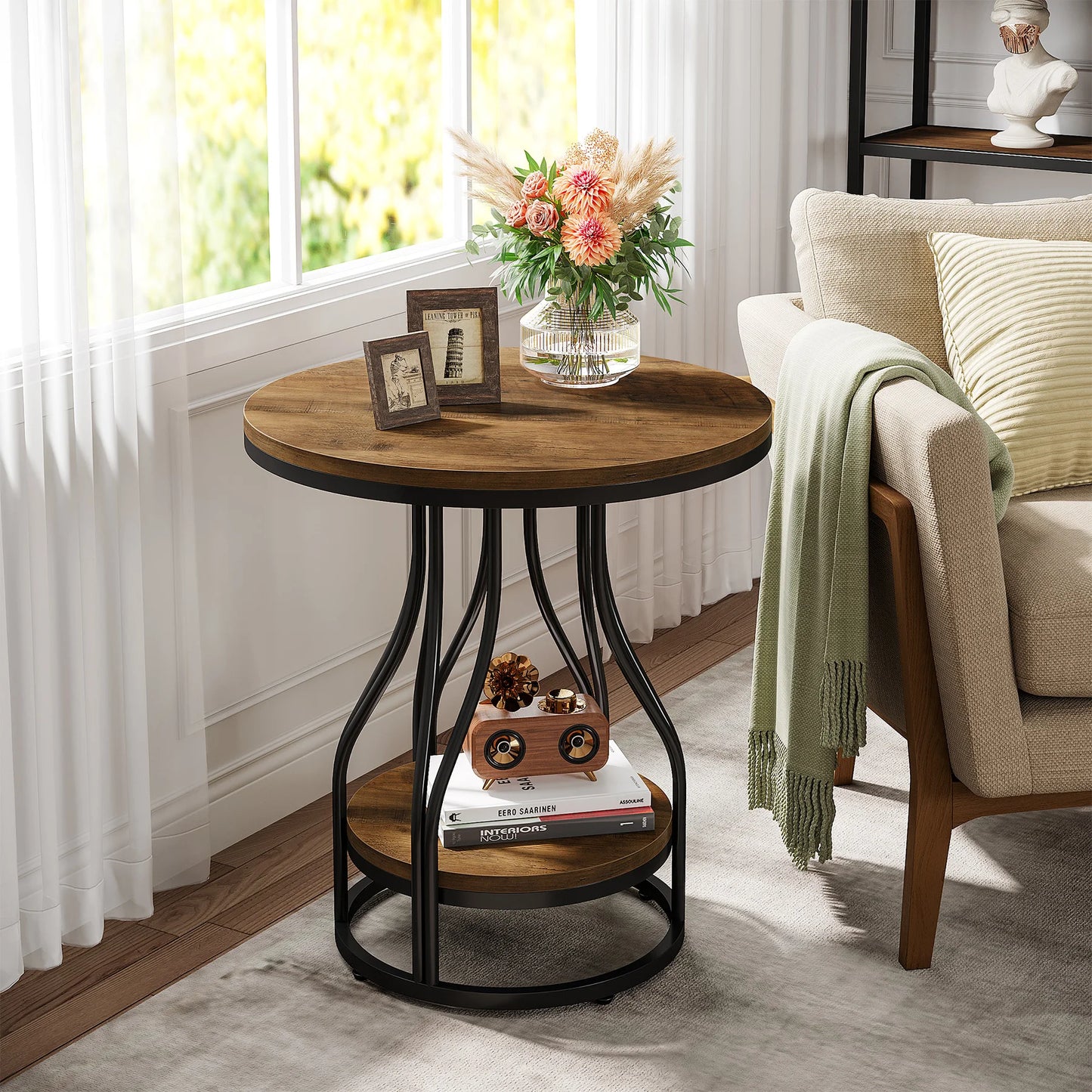 Table d'appoint Agnès — design contemporain, rangement intégré, 2 niveaux, ronde