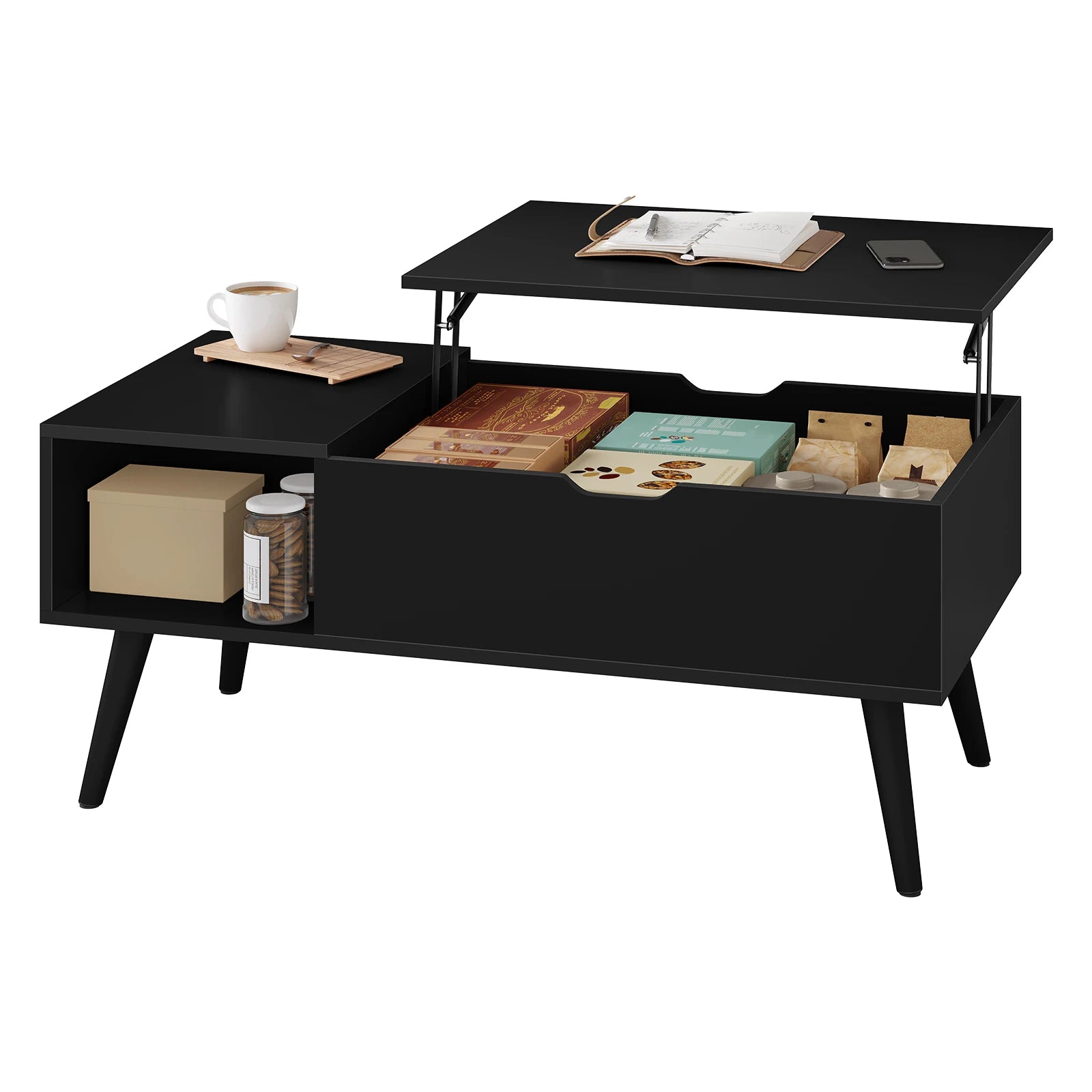 Table basse relevable Adèle — plateau escamotable, structure métal et bois