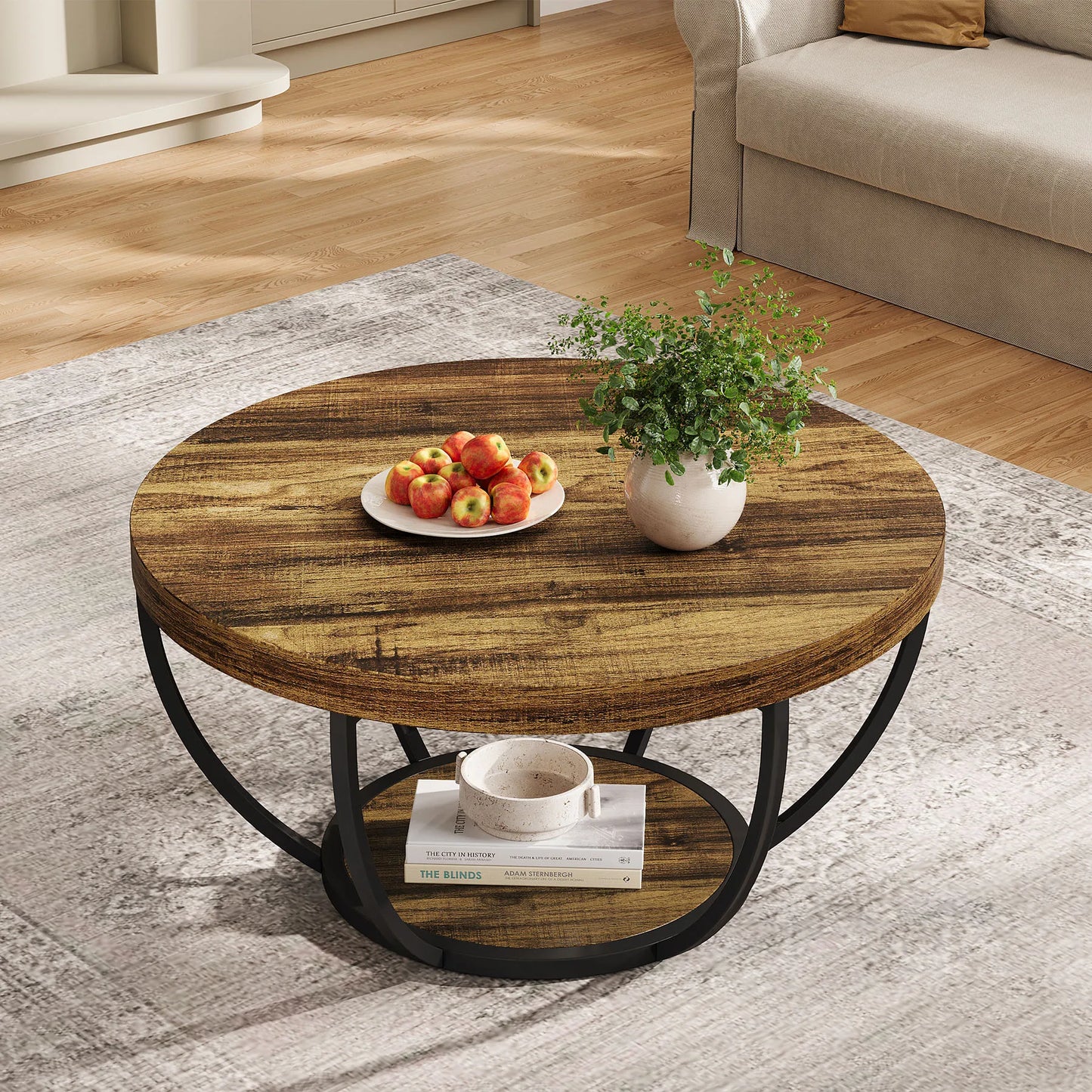 Table basse Marc — bois, style industriel, rangement intégré, 2 niveaux