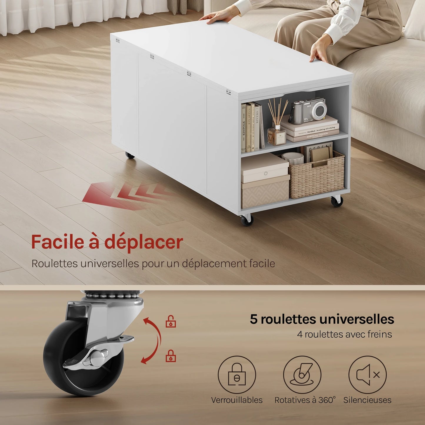 WOLTU Double Lift Top Coffee Table with Wheels Wood Sofa Table with Drawer and Storage Shelf Height-Adjustable Extendable for Living Room