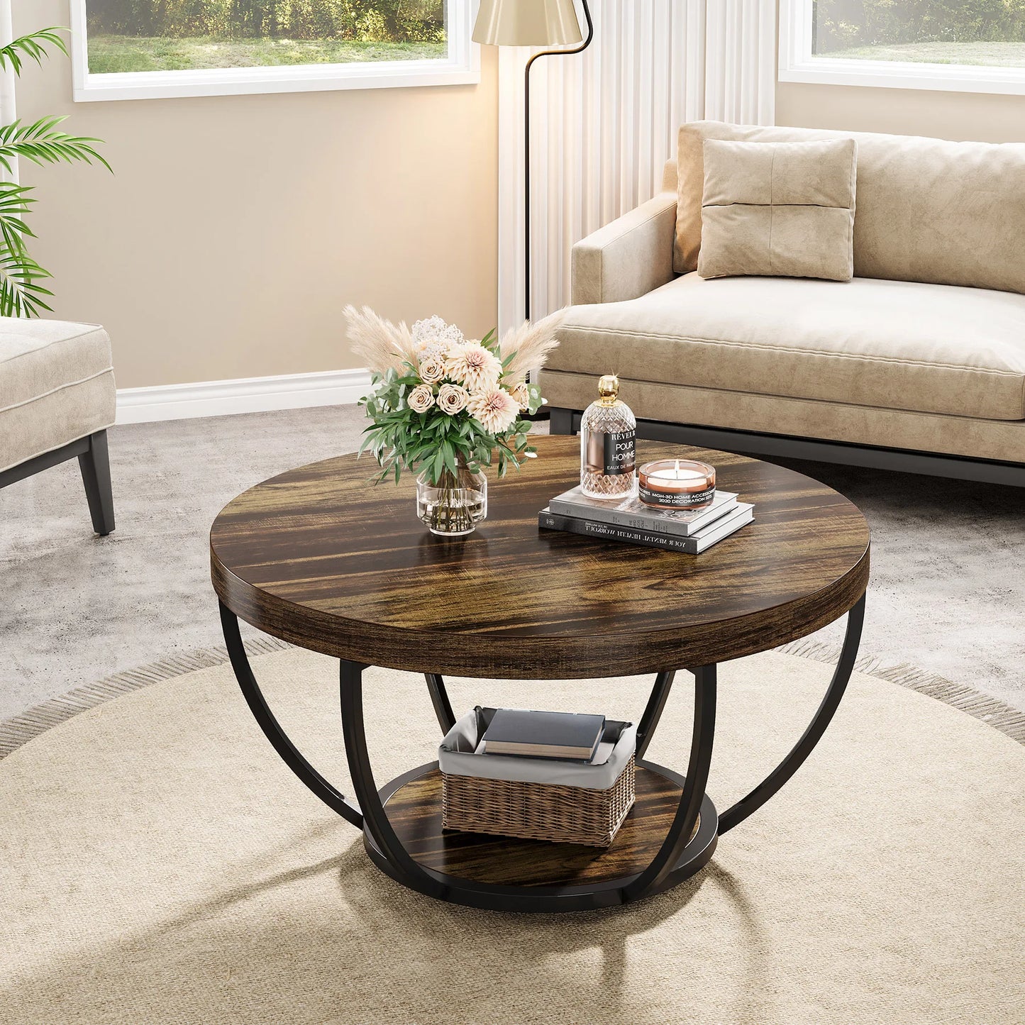 Table basse Jérôme — bois, style industriel, rangement intégré, 2 niveaux
