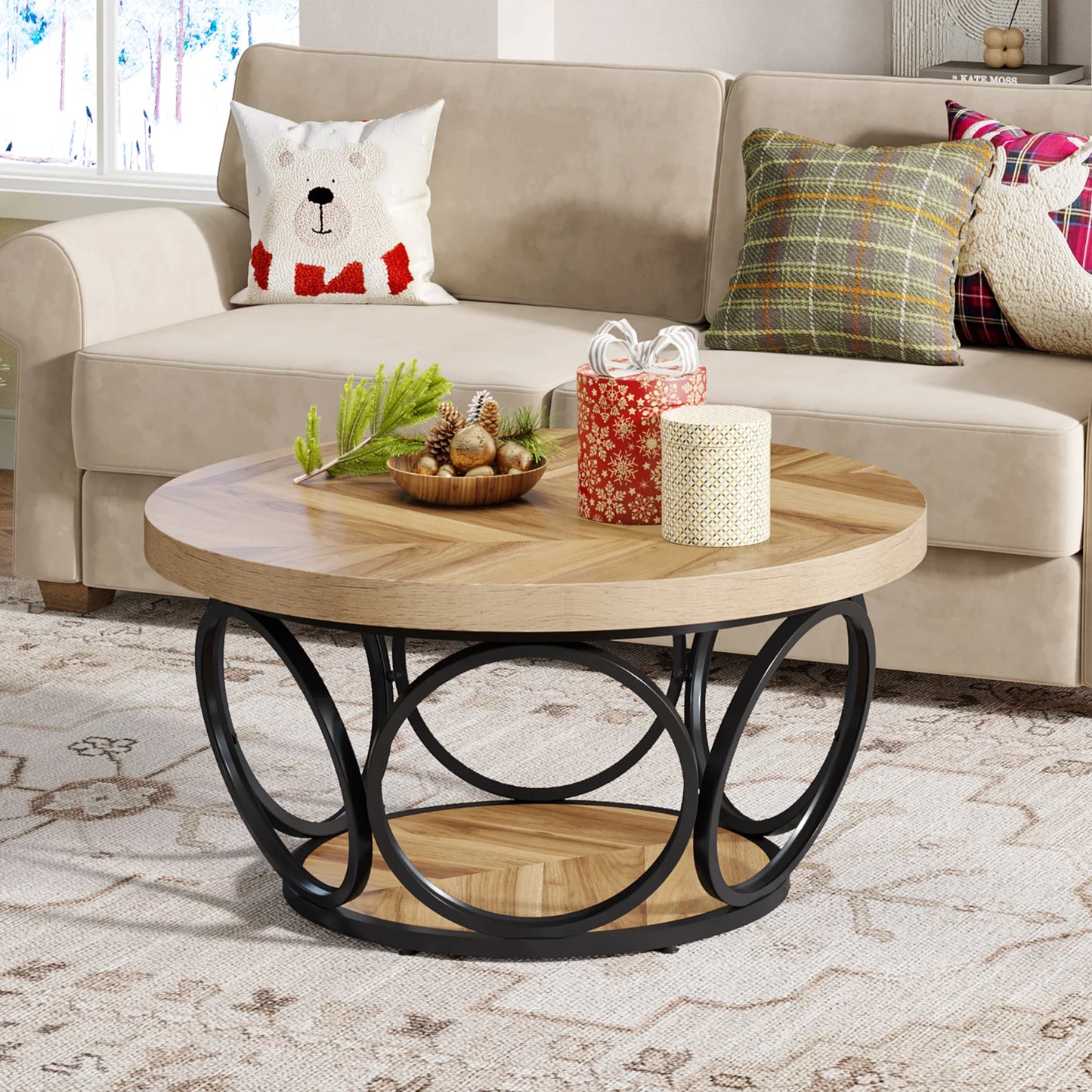 Table basse Marc — bois, style industriel, rangement intégré, 2 niveaux