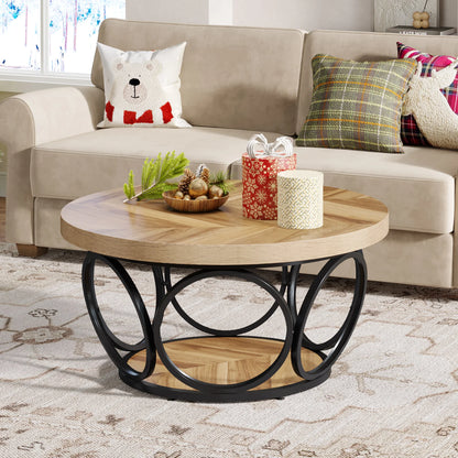 Table basse Denis — bois, métal, rangement intégré, 2 niveaux