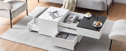 High Gloss Coffee Table, White Black Sofa Side Table with 4 Drawers, Rectangular Living Room Centre Table for Living Room Office