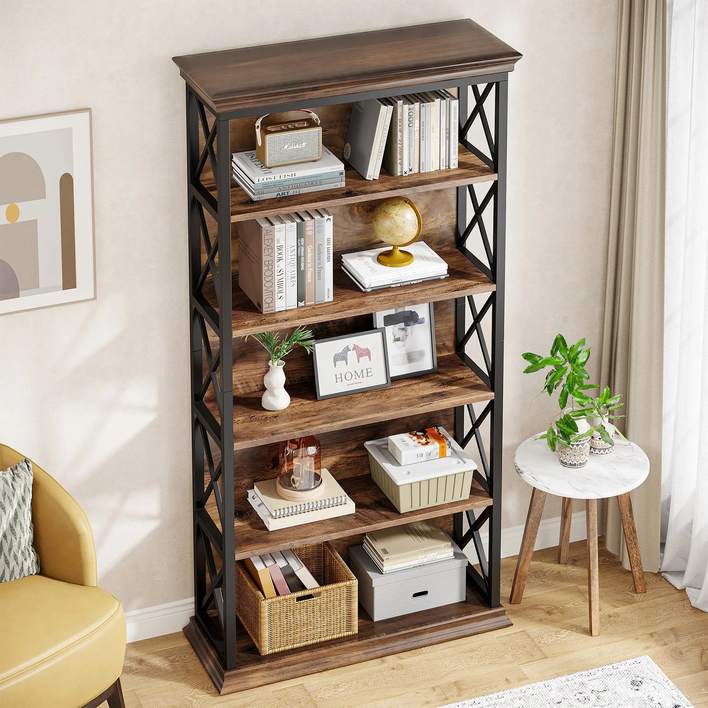 Bibliothèque Delphine — style industriel, rangement intégré, 6 niveaux, étagères ouvertes