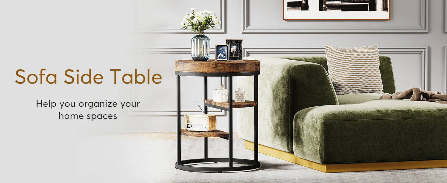 Table d'appoint Pauline — bois, style industriel, rangement intégré, ronde