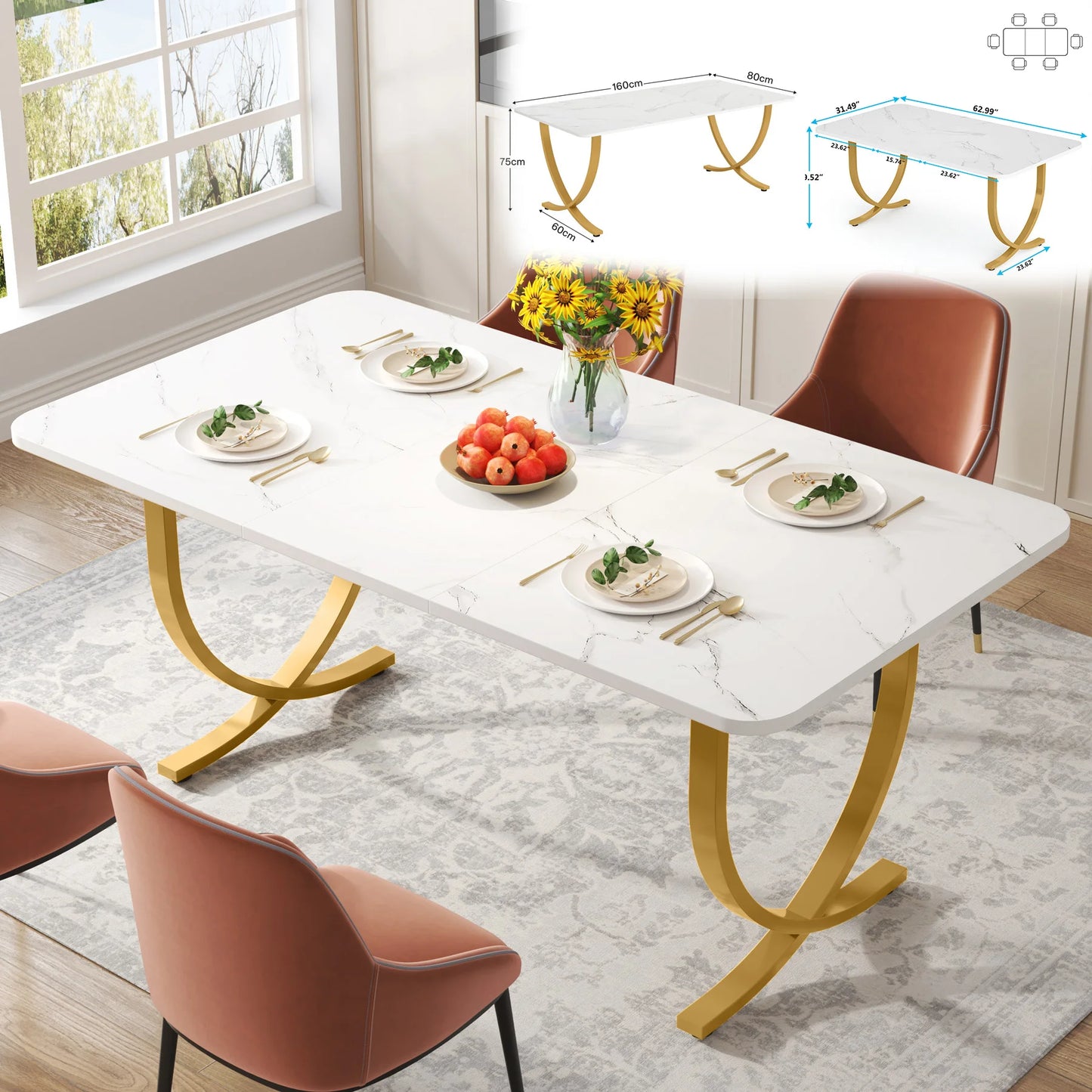 Table de salle à manger Louise — finition blanche, marbre, design contemporain, rectangulaire