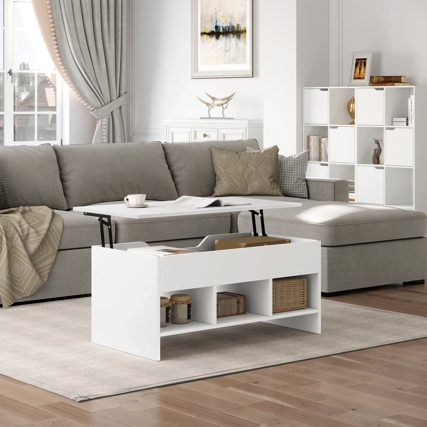 WOLTU Liftable Coffee Tea Table with Storage White Side Table Height-adjustable Rectangular Sofa Table for Living Room Bedroom