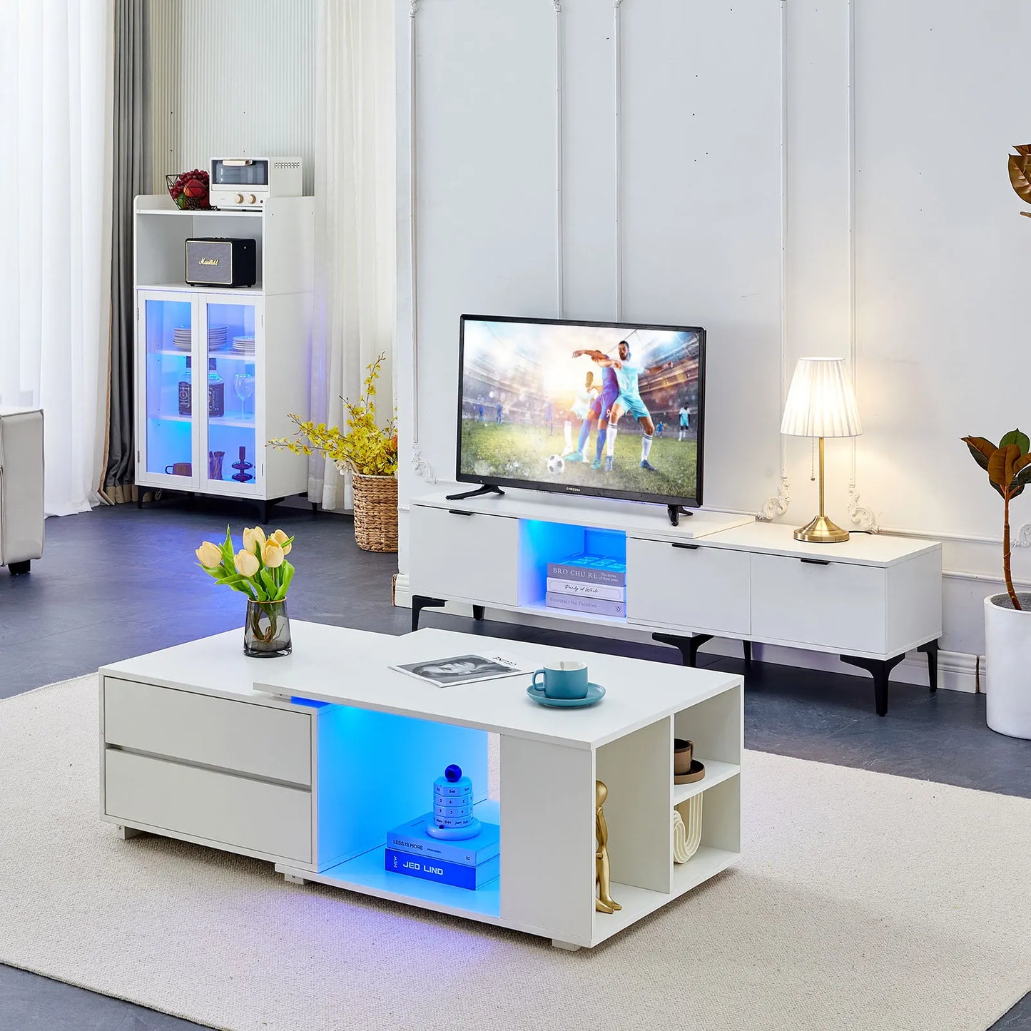 Extendable Coffee Table with LED Light, Living Room Centre Table with 4 Storage Drawers Shelves, Modern Wooden Sofa Side Table