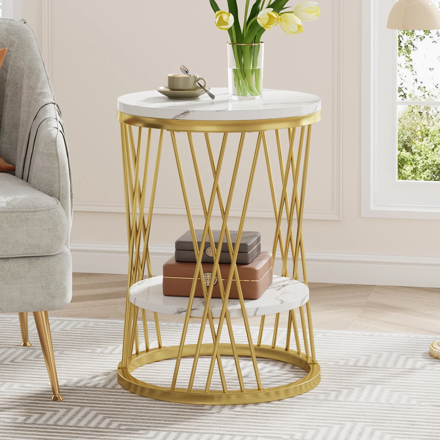 Table d'appoint Matthieu — finition blanche, marbre, design contemporain, rangement intégré