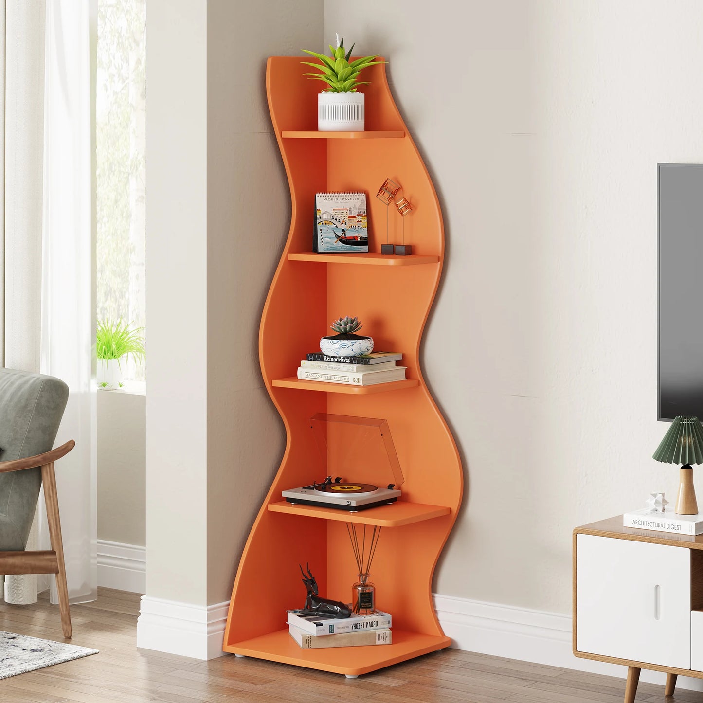 Bibliothèque Jules — design contemporain, rangement intégré, 5 niveaux, meuble d'angle