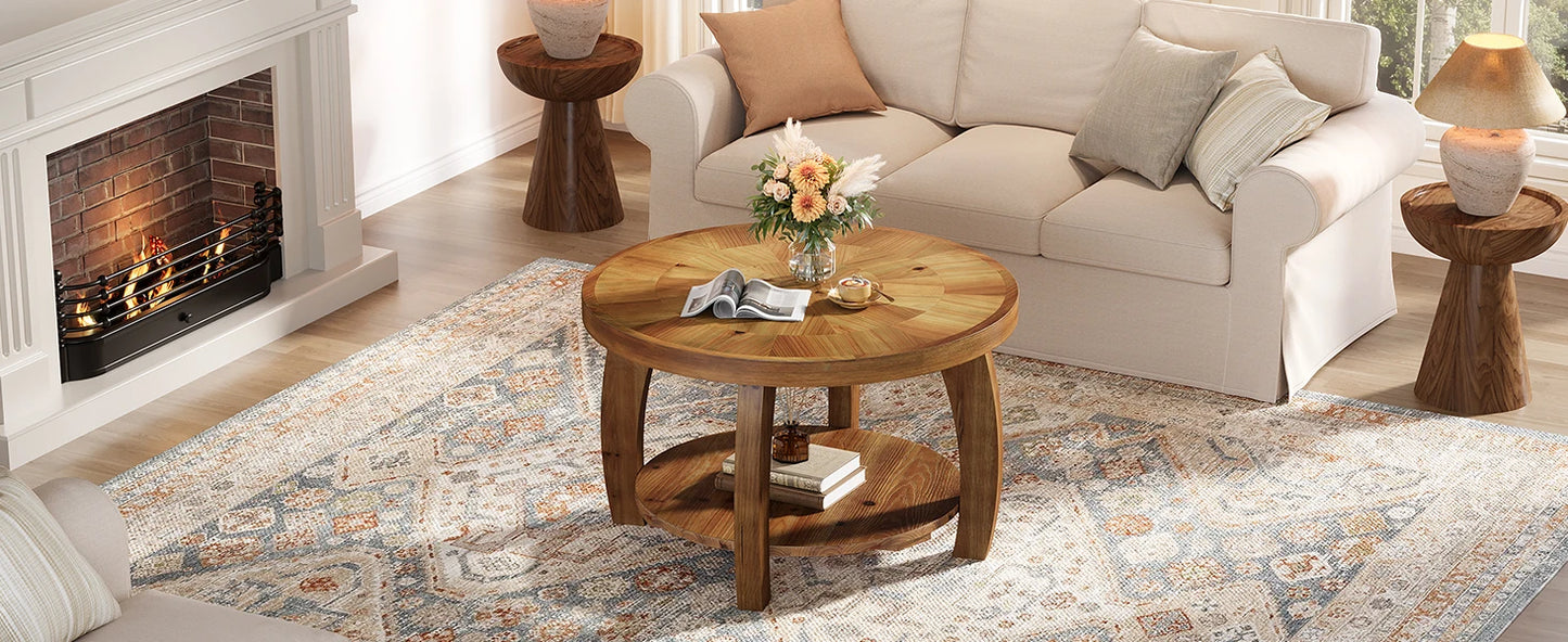 Table basse Yvonne — finition marron, bois massif, rangement intégré, 2 niveaux