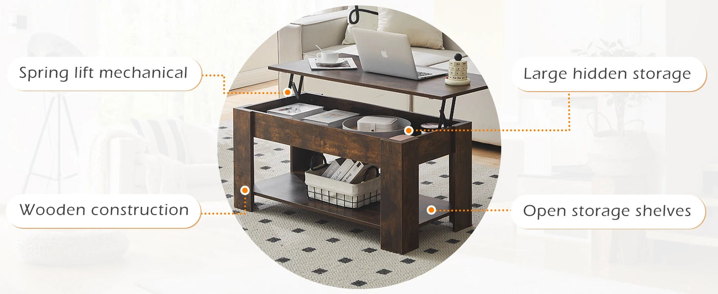 Lift Top Coffee Table with Hidden and Open Storage Shelf, Wooden Sofa Side Tea Table, Extendable Center Table for Living Room