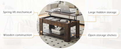 Lift Top Coffee Table with Hidden and Open Storage Shelf, Wooden Sofa Side Tea Table, Extendable Center Table for Living Room