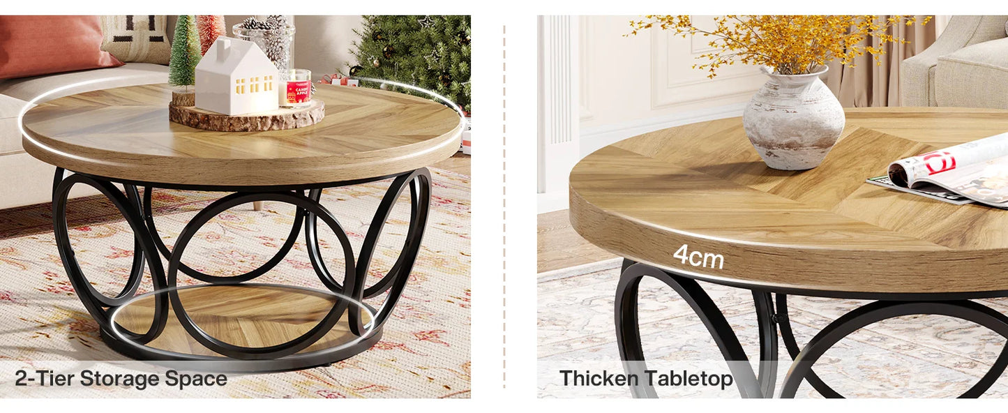 Table basse Denis — bois, métal, rangement intégré, 2 niveaux