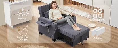 3-in-1 Single Sofa Bed with USB and Type-C, Adjustable Backrest TV Chair with Drink Holder and Armrest for Small Room Apartments