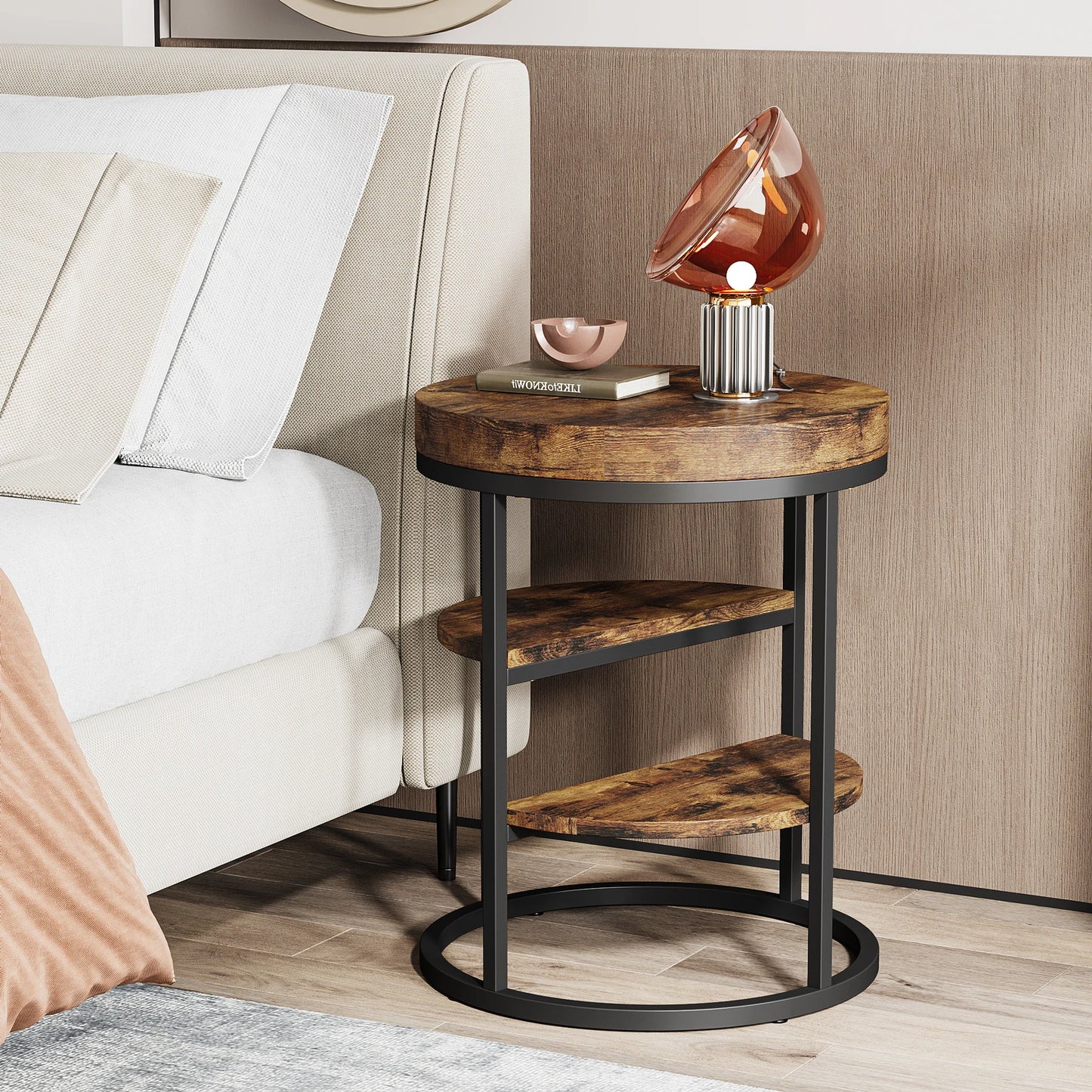 Table d'appoint Pauline — bois, style industriel, rangement intégré, ronde