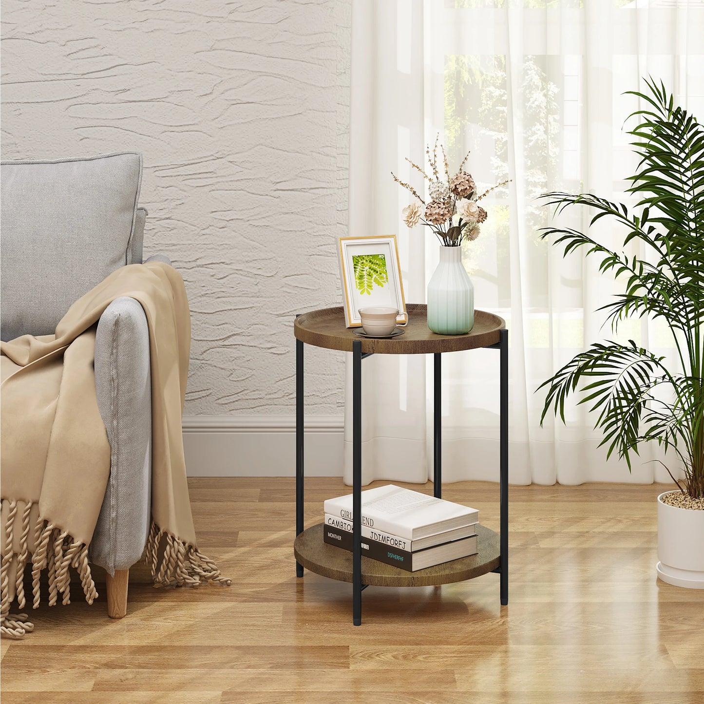 WOLTU Round Coffee Table with 2 Shelves Removable Table Top Sofa Telephone Tea Bedside Table for Living Room Bedroom Home