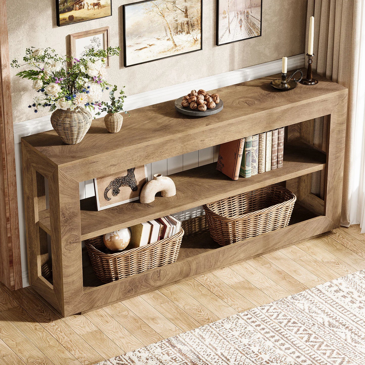Console Béatrice — finition marron, bois, métal, rangement intégré
