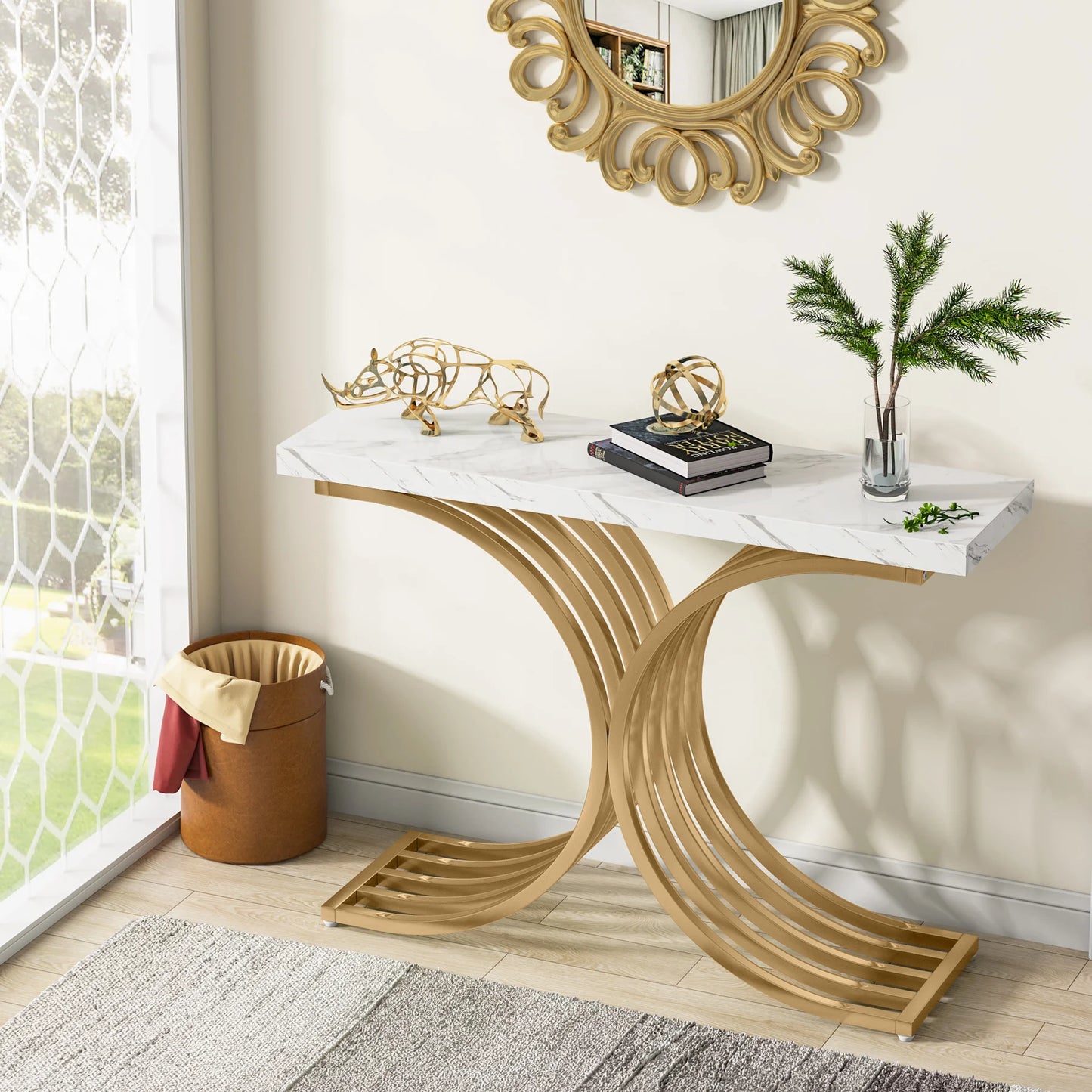 Console Axel — finition dorée, bois, marbre, métal