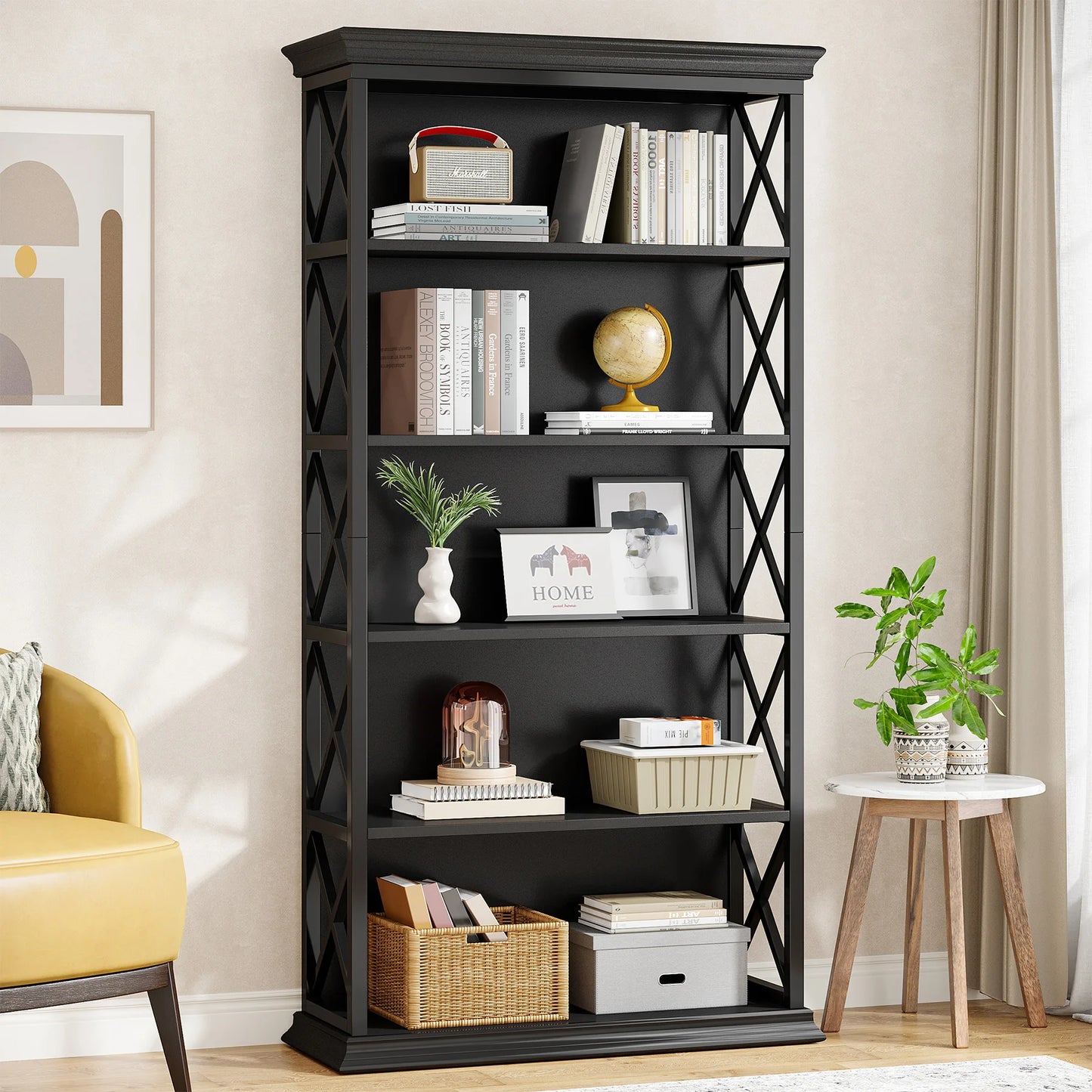 Bibliothèque Delphine — style industriel, rangement intégré, 6 niveaux, étagères ouvertes