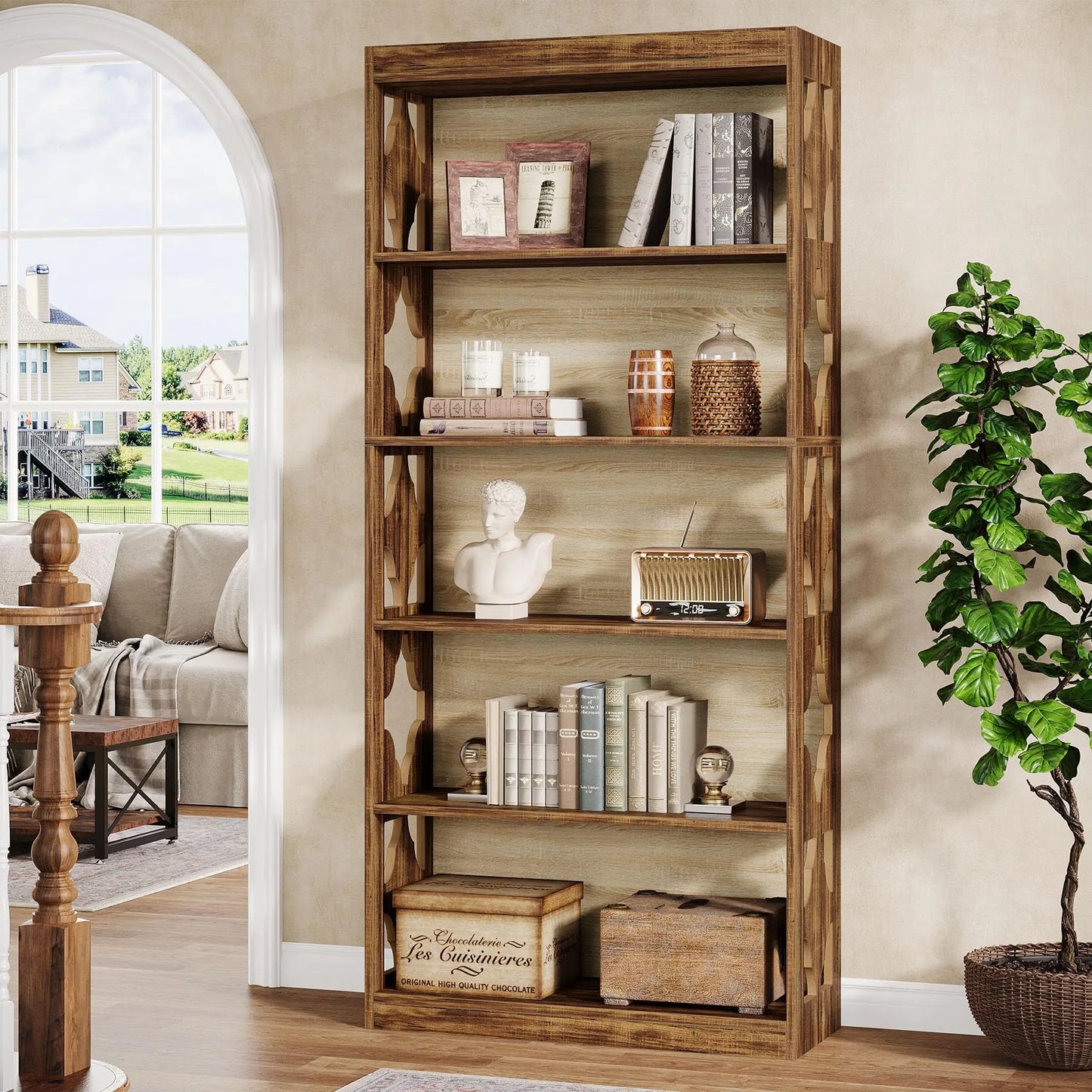 Bibliothèque François — bois, 6 niveaux, étagères ouvertes