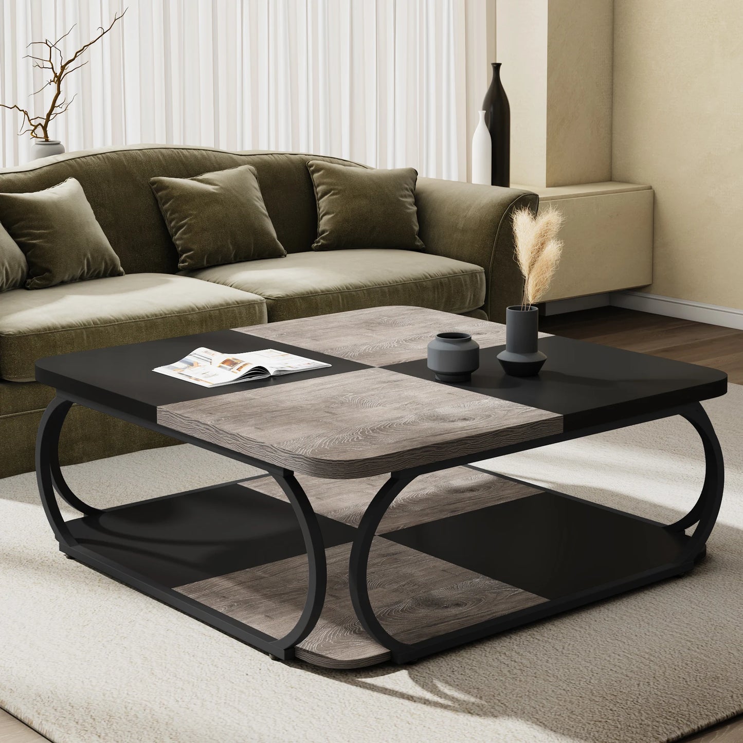 Table basse Mélanie — bois, métal, rangement intégré, 2 niveaux