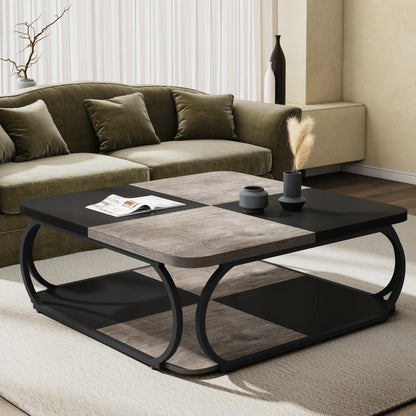 Table basse Mélanie — bois, métal, rangement intégré, 2 niveaux