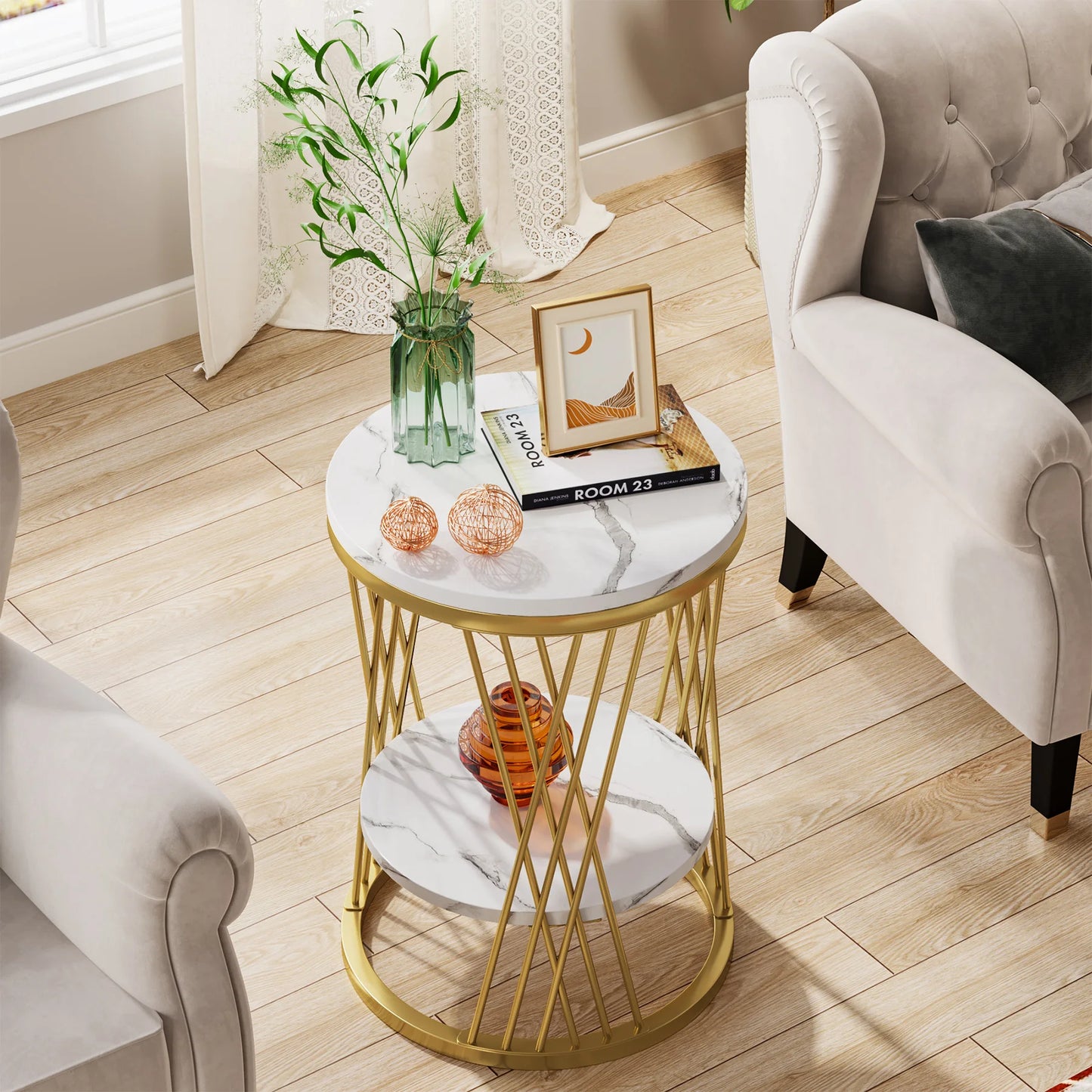 Table d'appoint Matthieu — finition blanche, marbre, design contemporain, rangement intégré