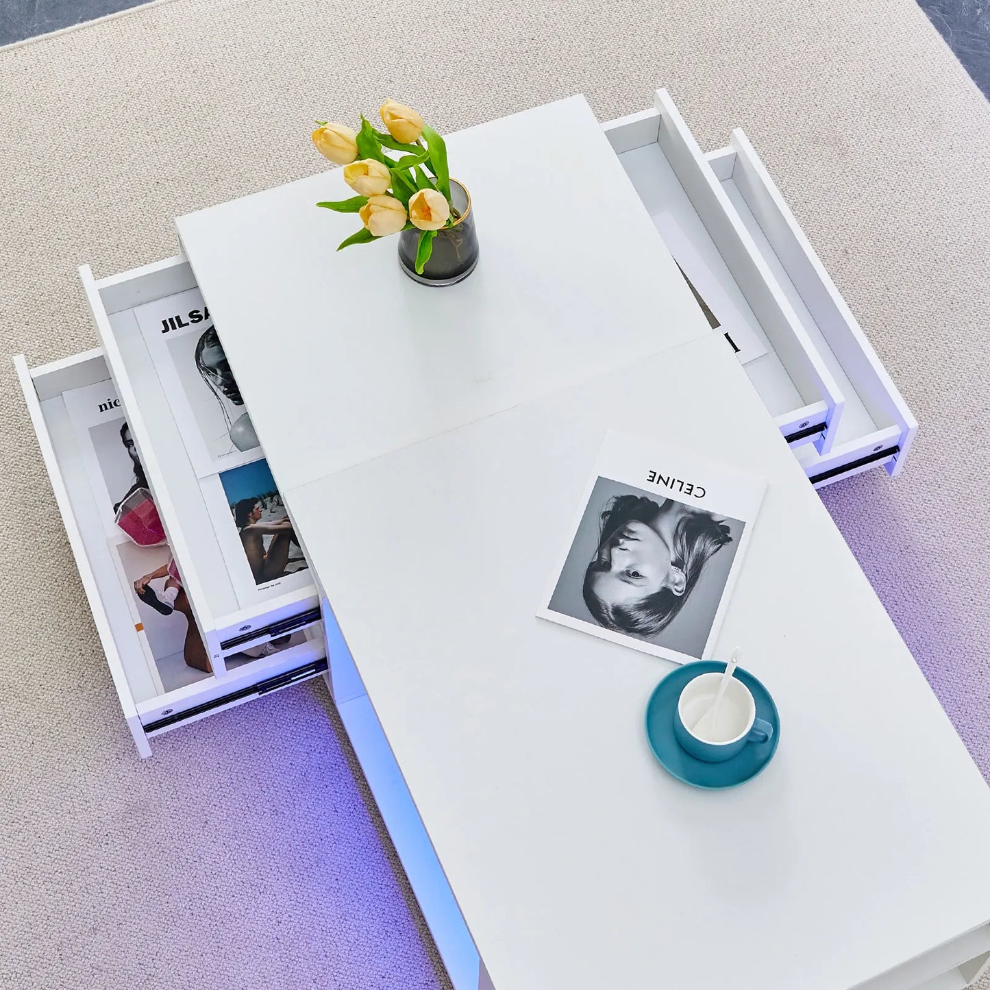 Extendable Coffee Table with LED Light, Living Room Centre Table with 4 Storage Drawers Shelves, Modern Wooden Sofa Side Table