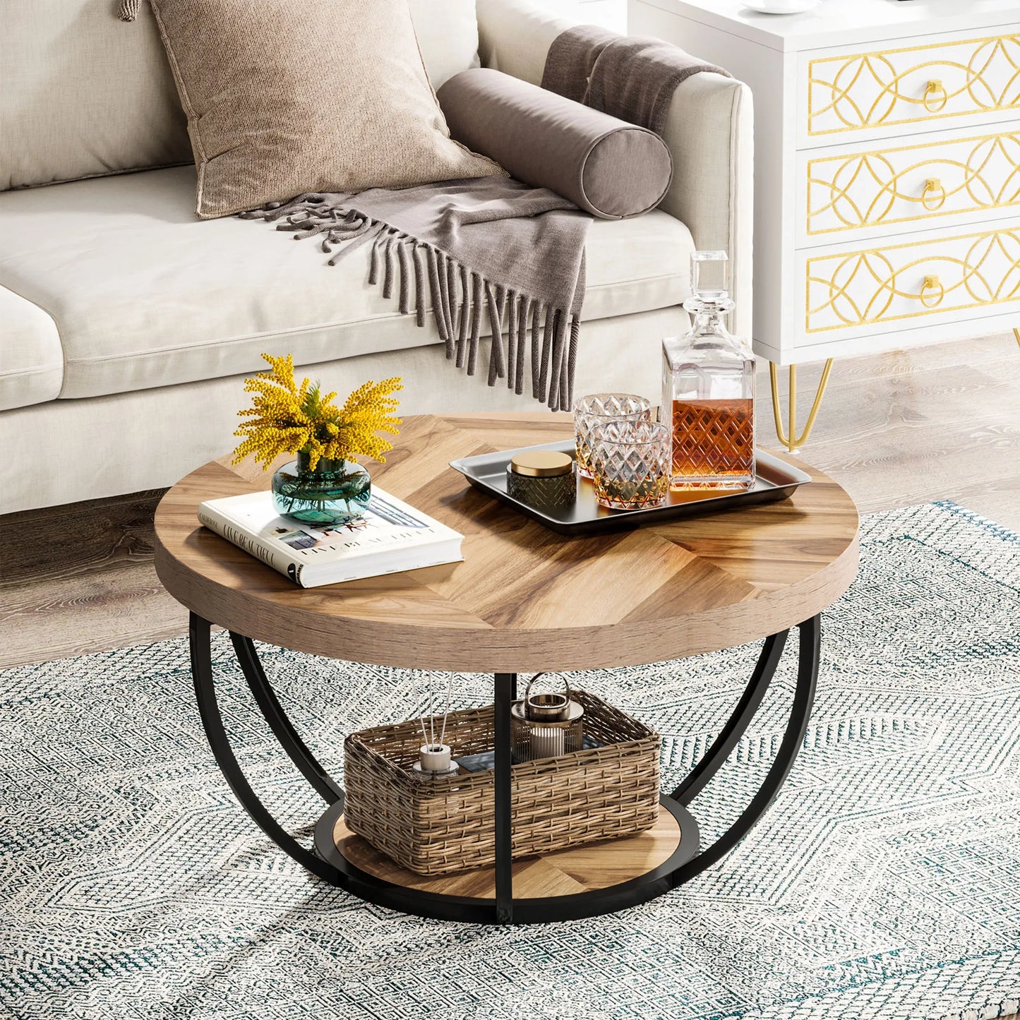 Table basse Jérôme — bois, style industriel, rangement intégré, 2 niveaux