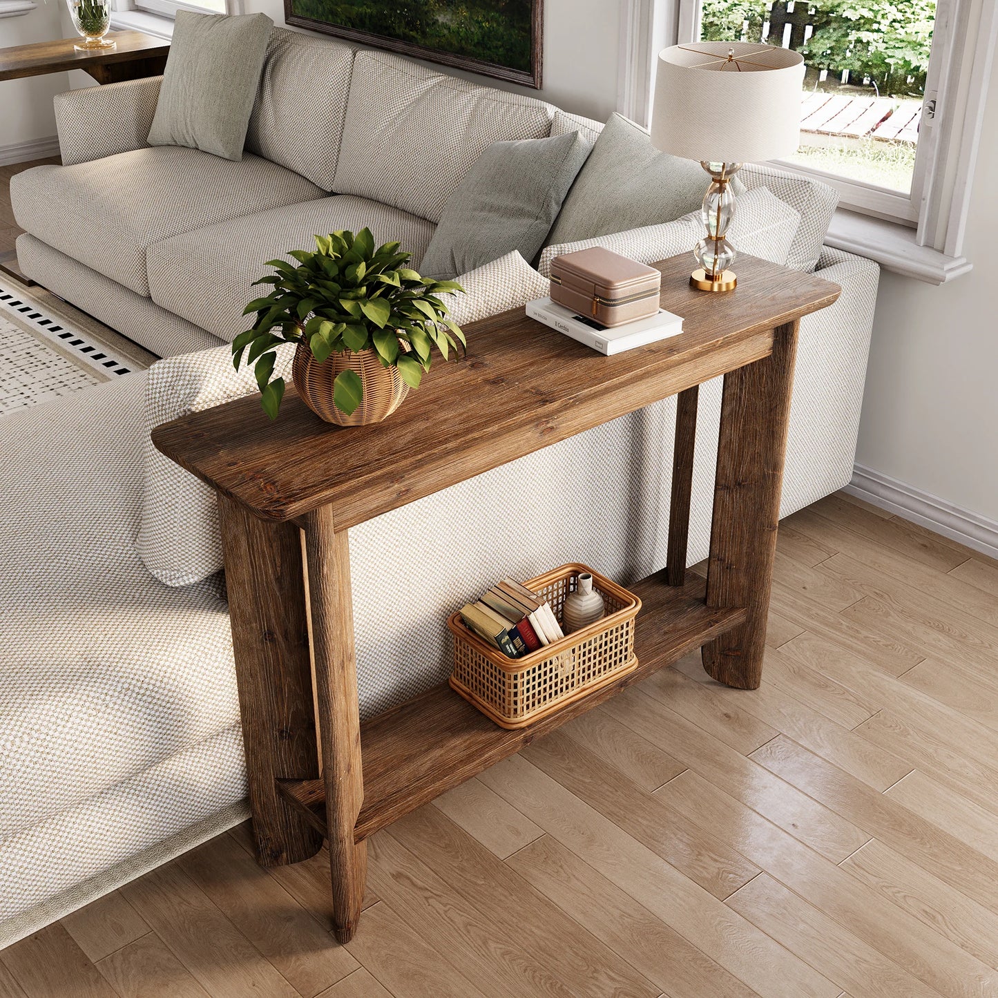Console Inès — finition noyer, bois massif, design contemporain, 2 niveaux