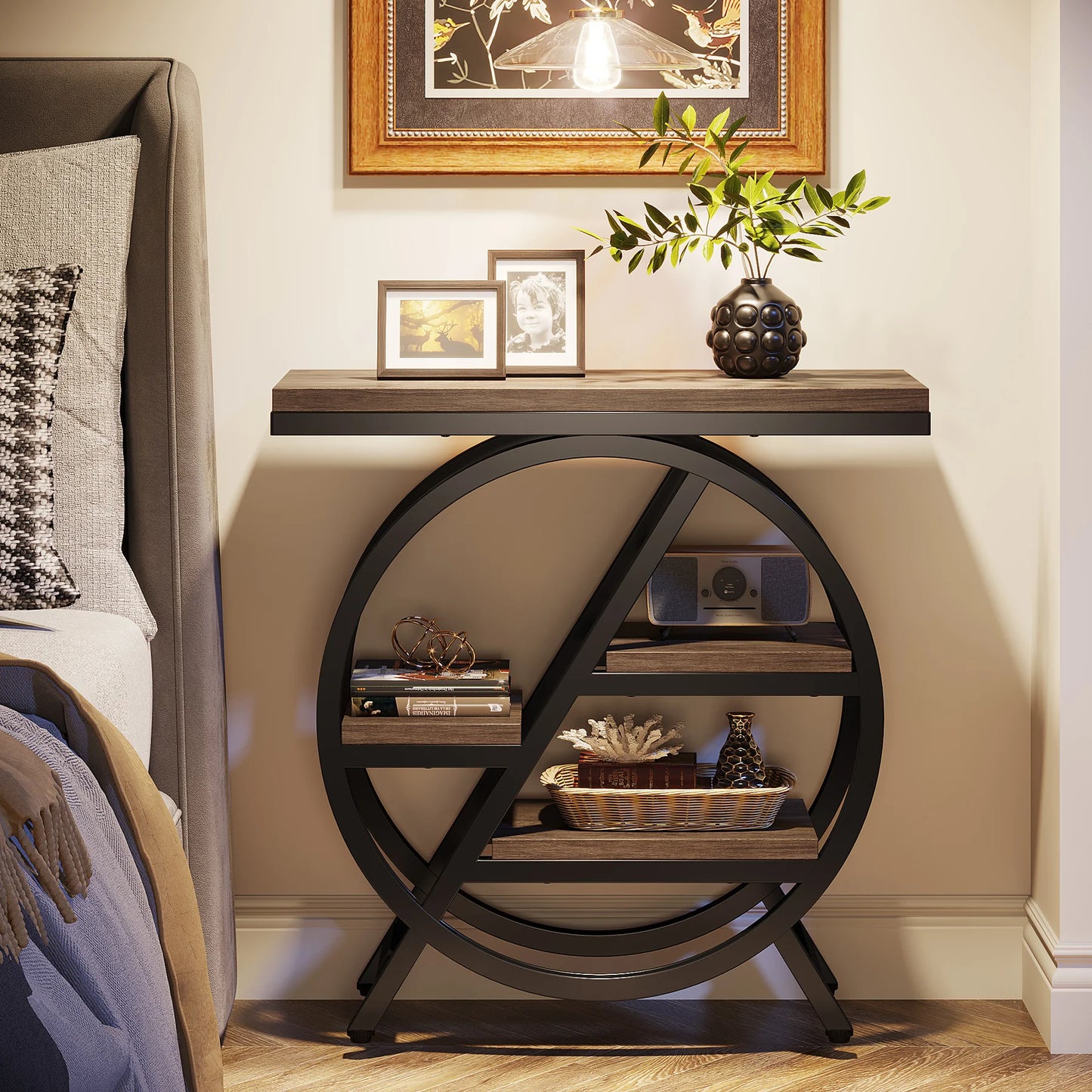 Table d'appoint André — bois, métal, rangement intégré, 3 niveaux
