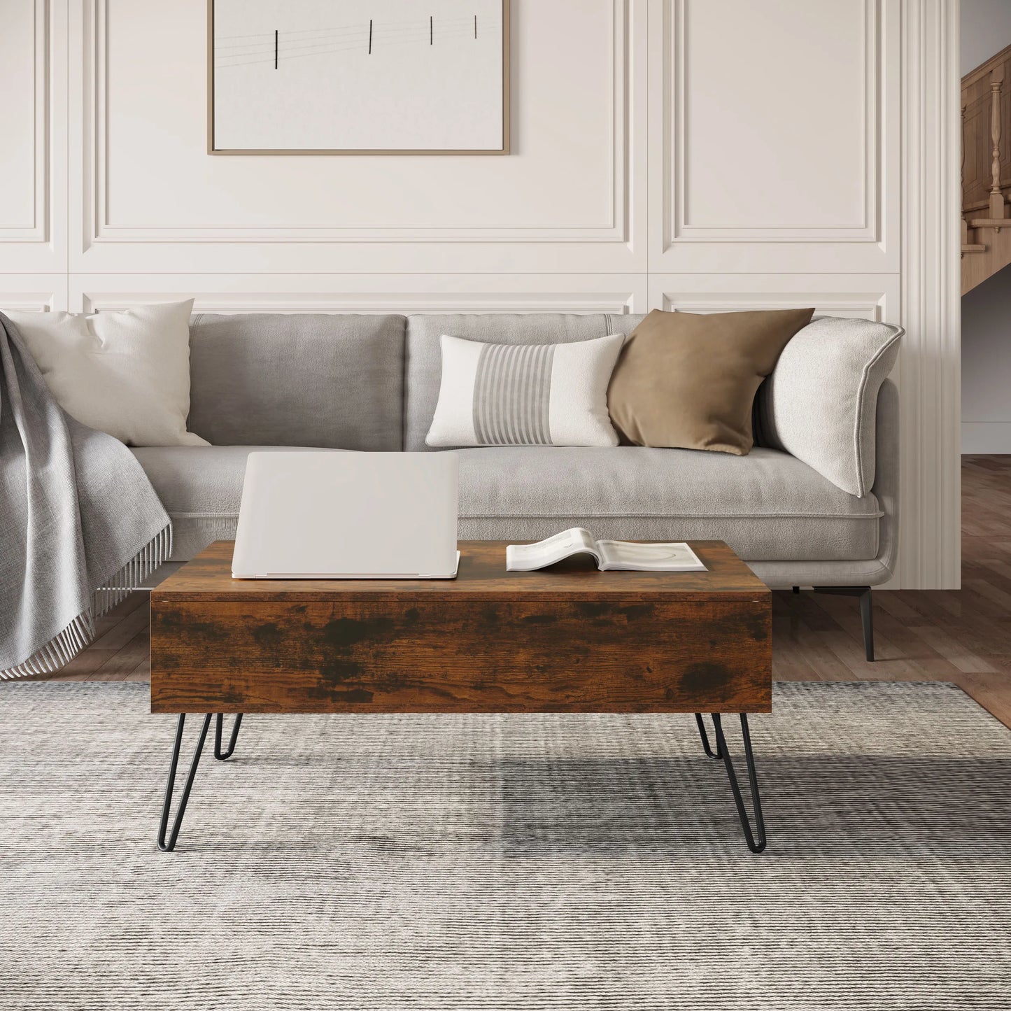 WOLTU Extendable Coffee Table Height-Adjustable Table Wooden Sofa Table with Hidden Storage Space Living Room Office Furniture