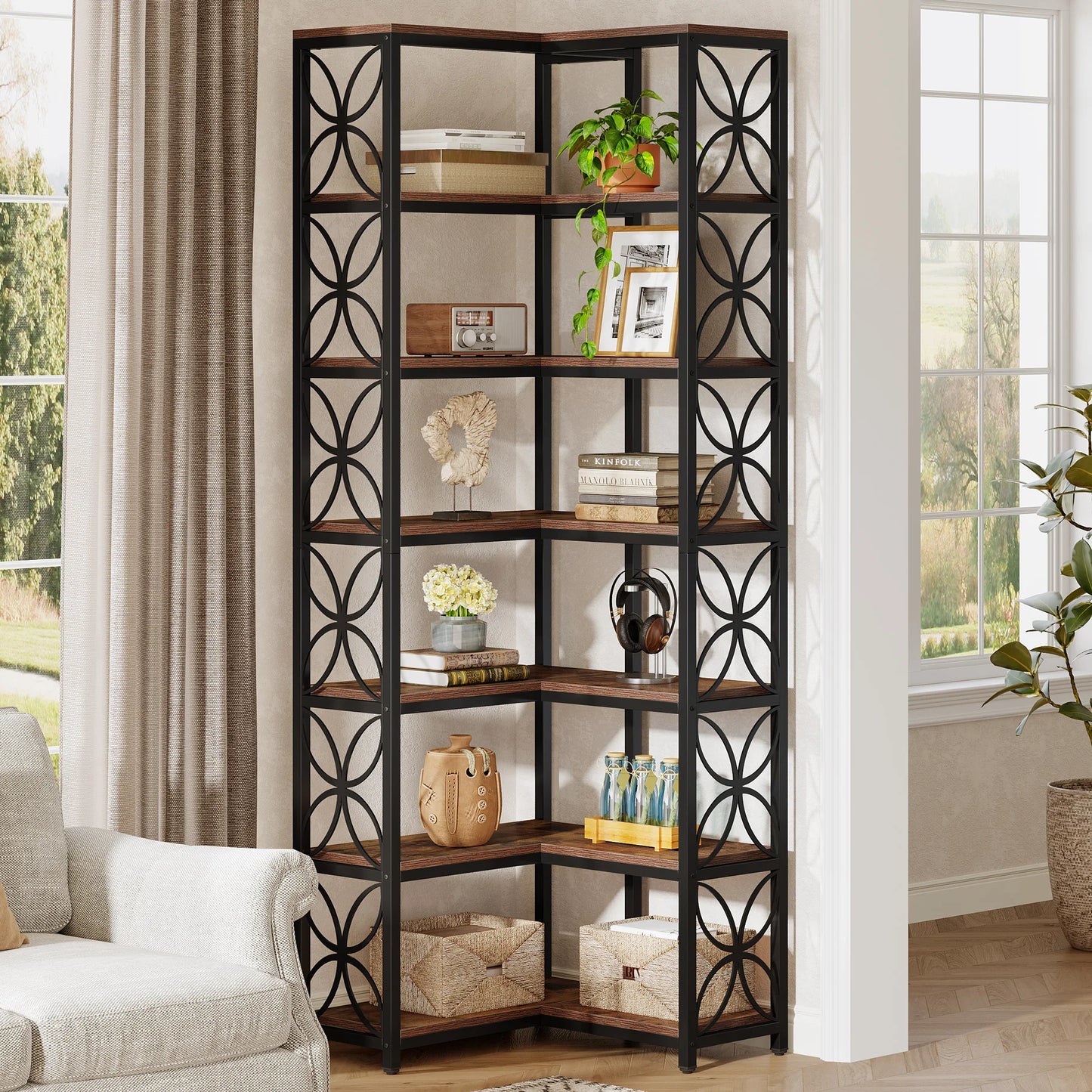 Bibliothèque Antoinette — bois, métal, 7 niveaux, meuble d'angle