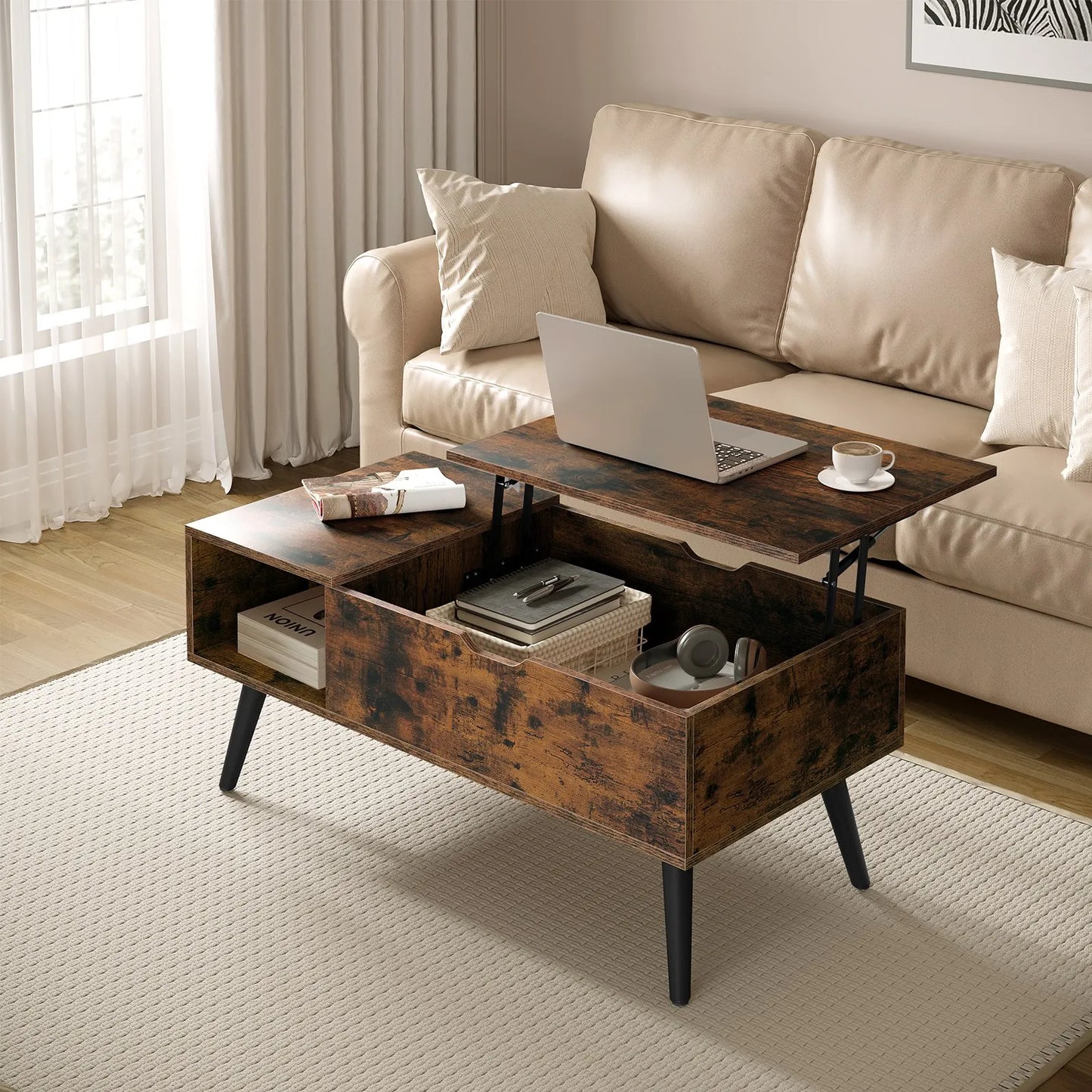 WOLTU Height-Adjustable Coffee Table Living Room Coffee Table with Hidden Storage Lifting Board Folding Table for Side and Sofa