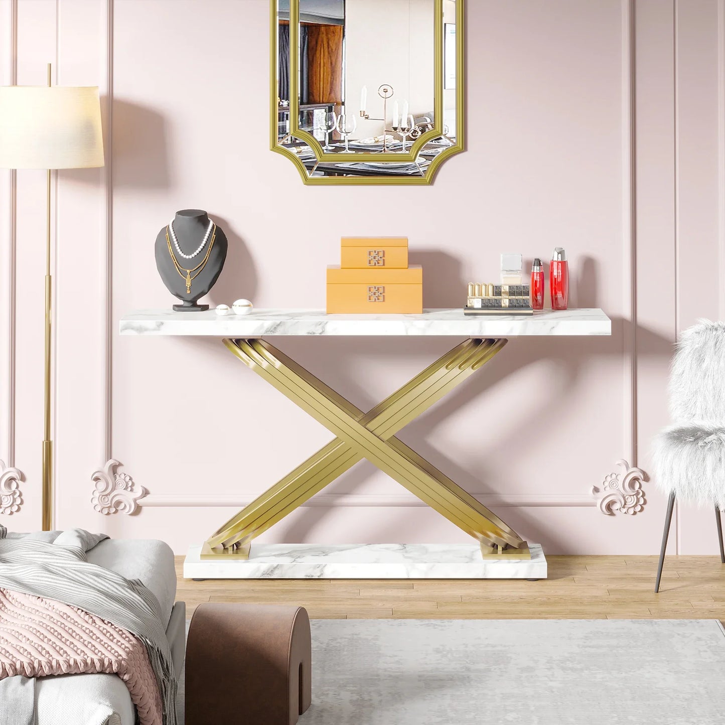 Console Yves — finition dorée, marbre, design contemporain, rectangulaire