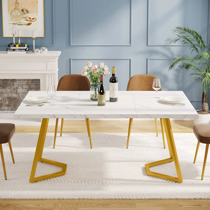 Table de salle à manger Louise — finition blanche, marbre, design contemporain, rectangulaire