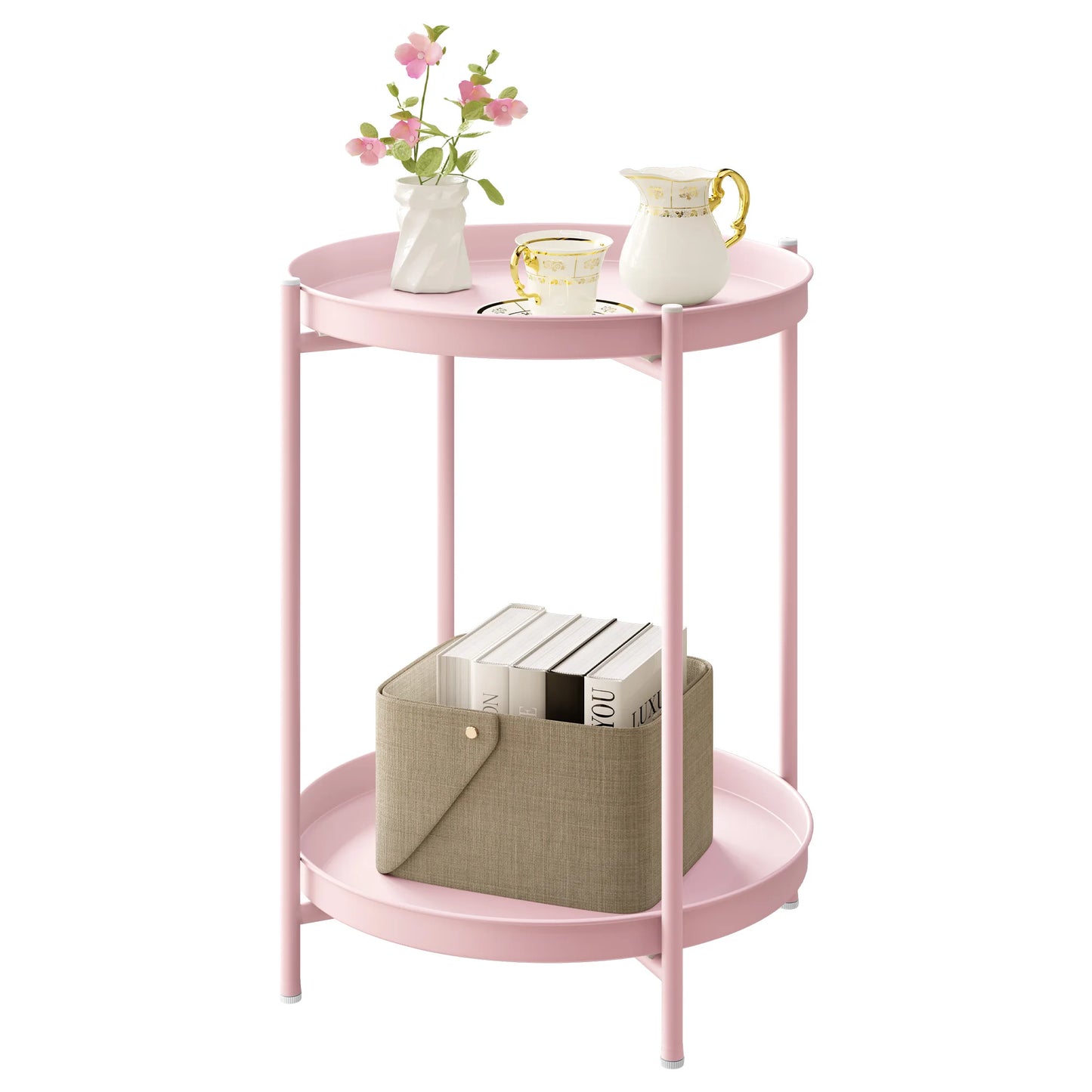 WOLTU Round Coffee Table Metal Side Table with Storage Space 2 Removable Trays Bedside Table for Bedroom Living Room Decor
