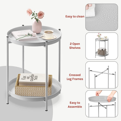 WOLTU Round Coffee Table Metal Side Table with Storage Space 2 Removable Trays Bedside Table for Bedroom Living Room Decor