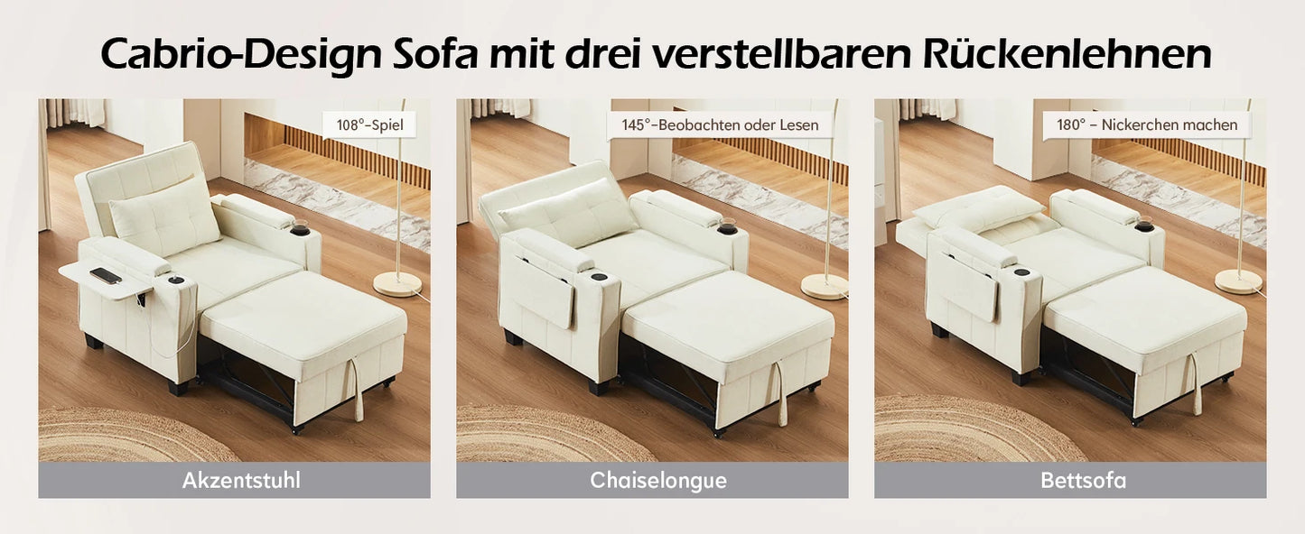 3-in-1 Sofa Bed with USB and Type-C, Adjustable Backrest TV Chair with Drink Holder and Armrest for Small Room Apartments