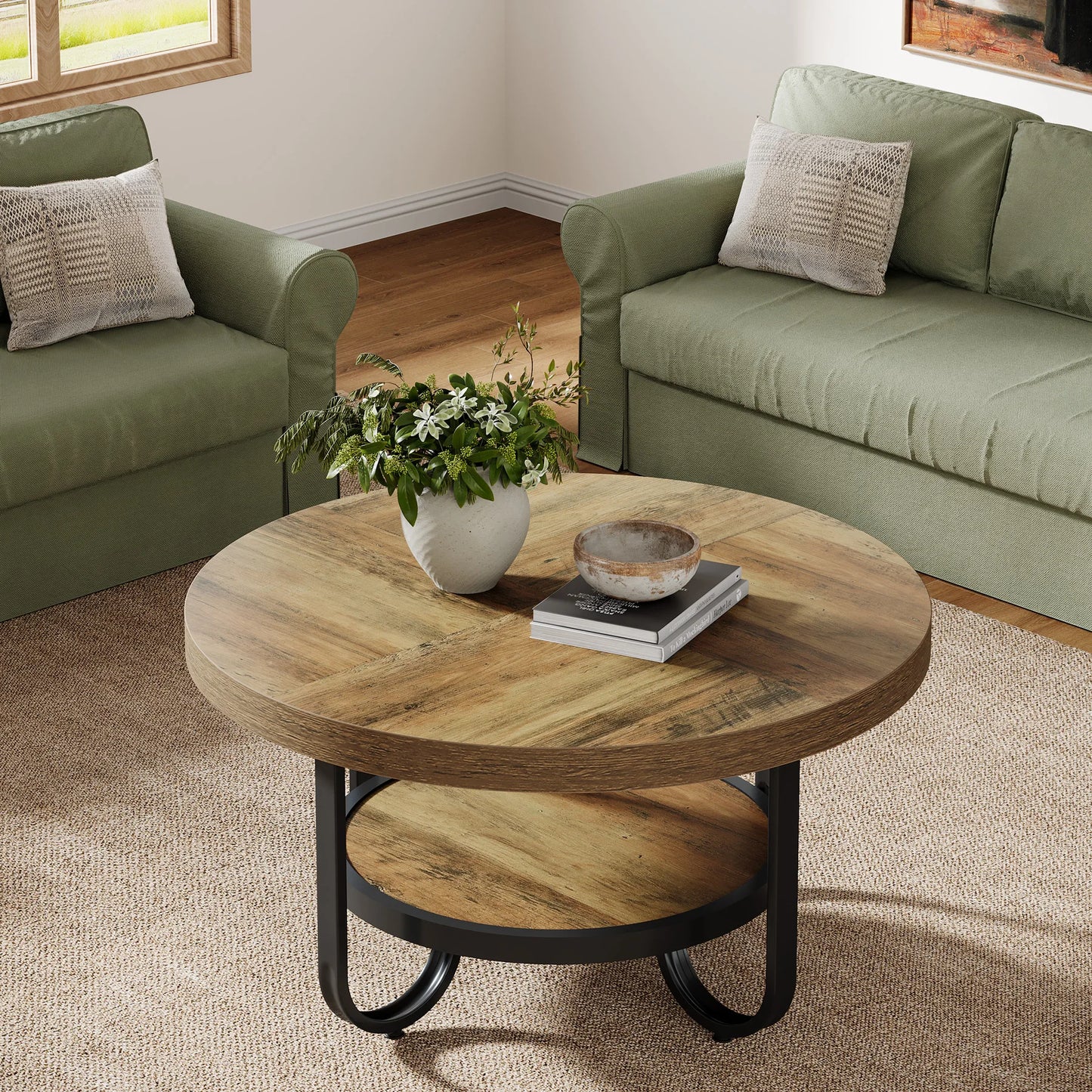 Table basse Ursule — rangement intégré, 2 niveaux, ronde, étagères ouvertes