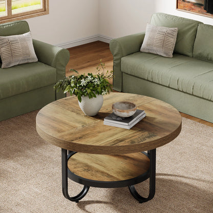 Table basse Ursule — rangement intégré, 2 niveaux, ronde, étagères ouvertes