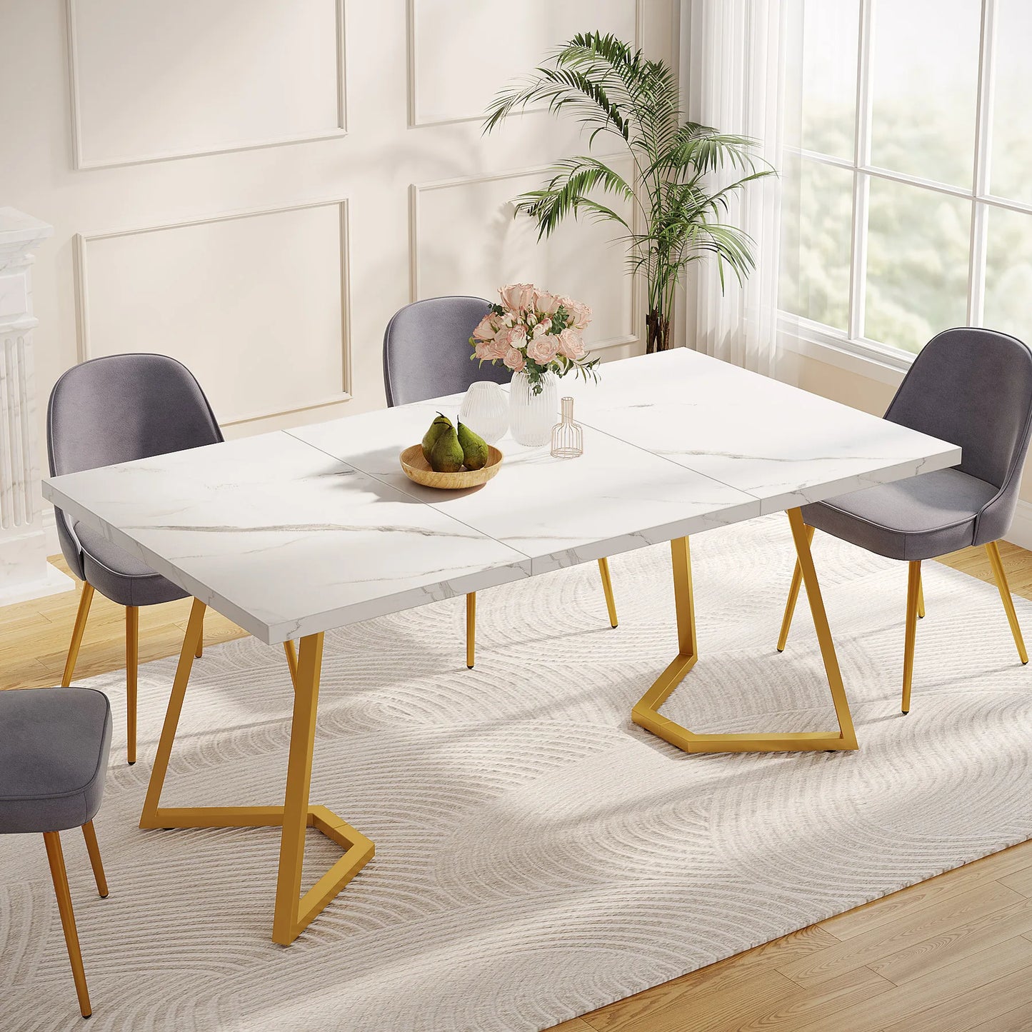 Table de salle à manger Louise — finition blanche, marbre, design contemporain, rectangulaire