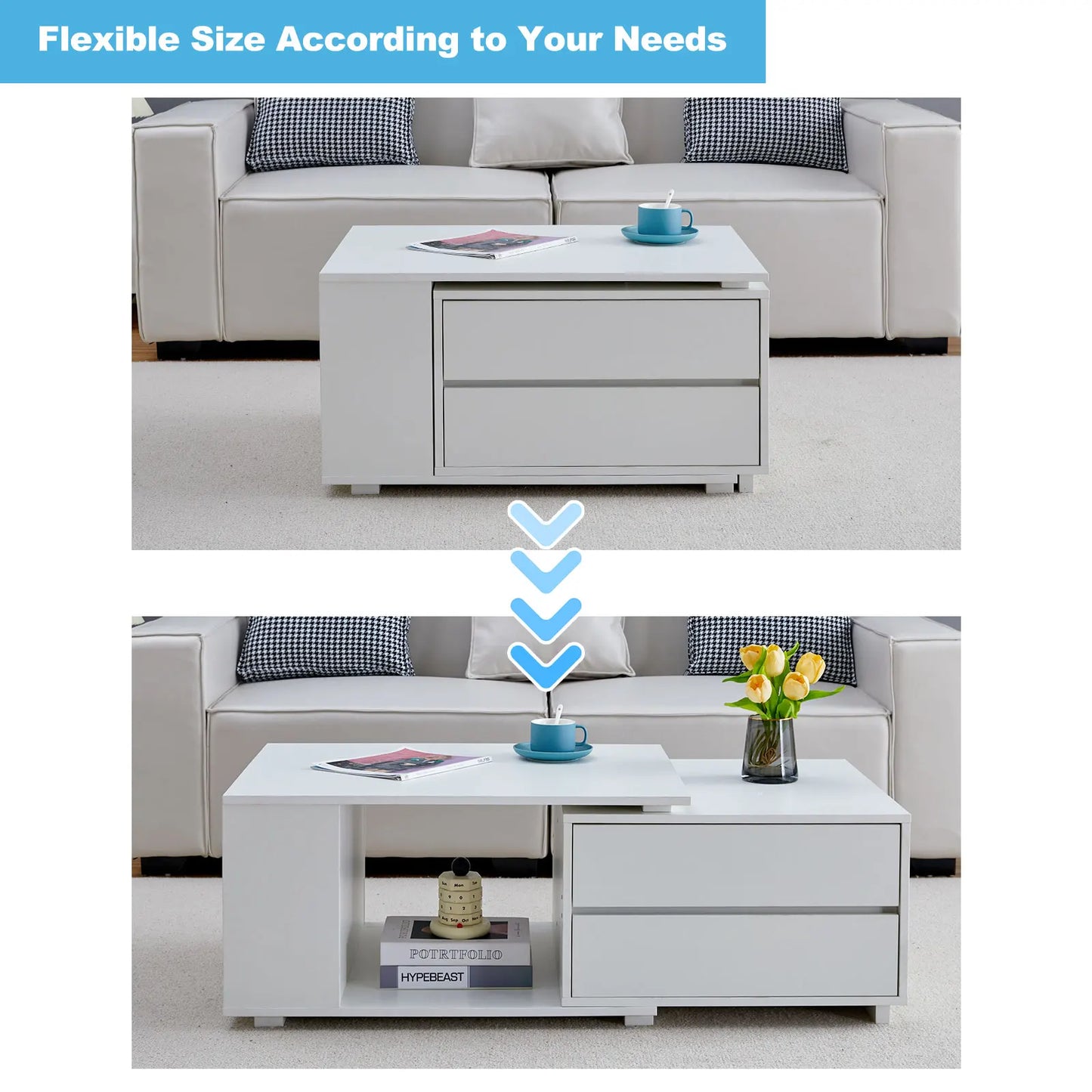 Extendable Coffee Table with LED Light, Living Room Centre Table with 4 Storage Drawers Shelves, Modern Wooden Sofa Side Table